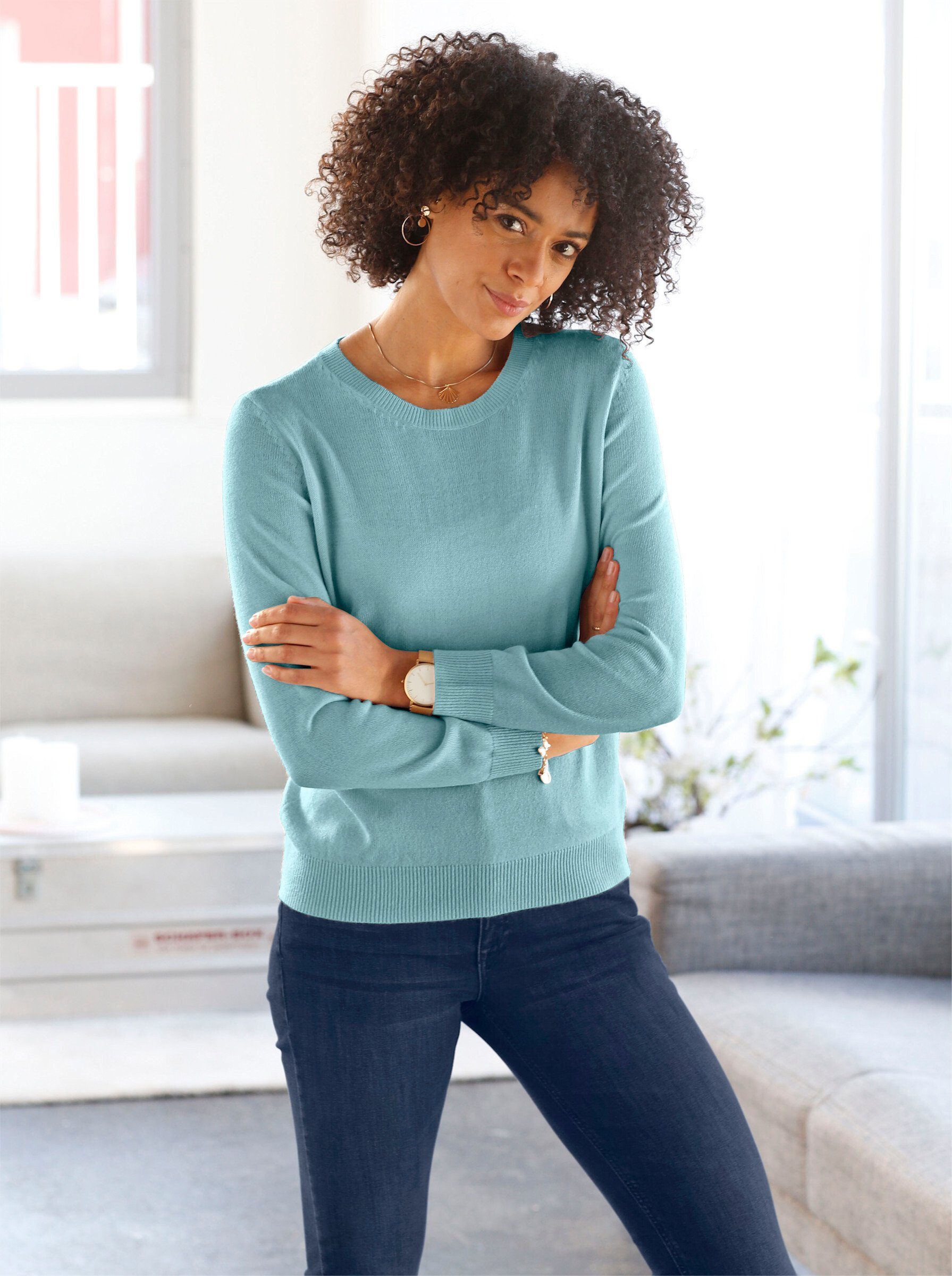 Sieh an! Strickpullover Rundhals-Pullover Langarm Jersey mit gerippten Abschlüssen