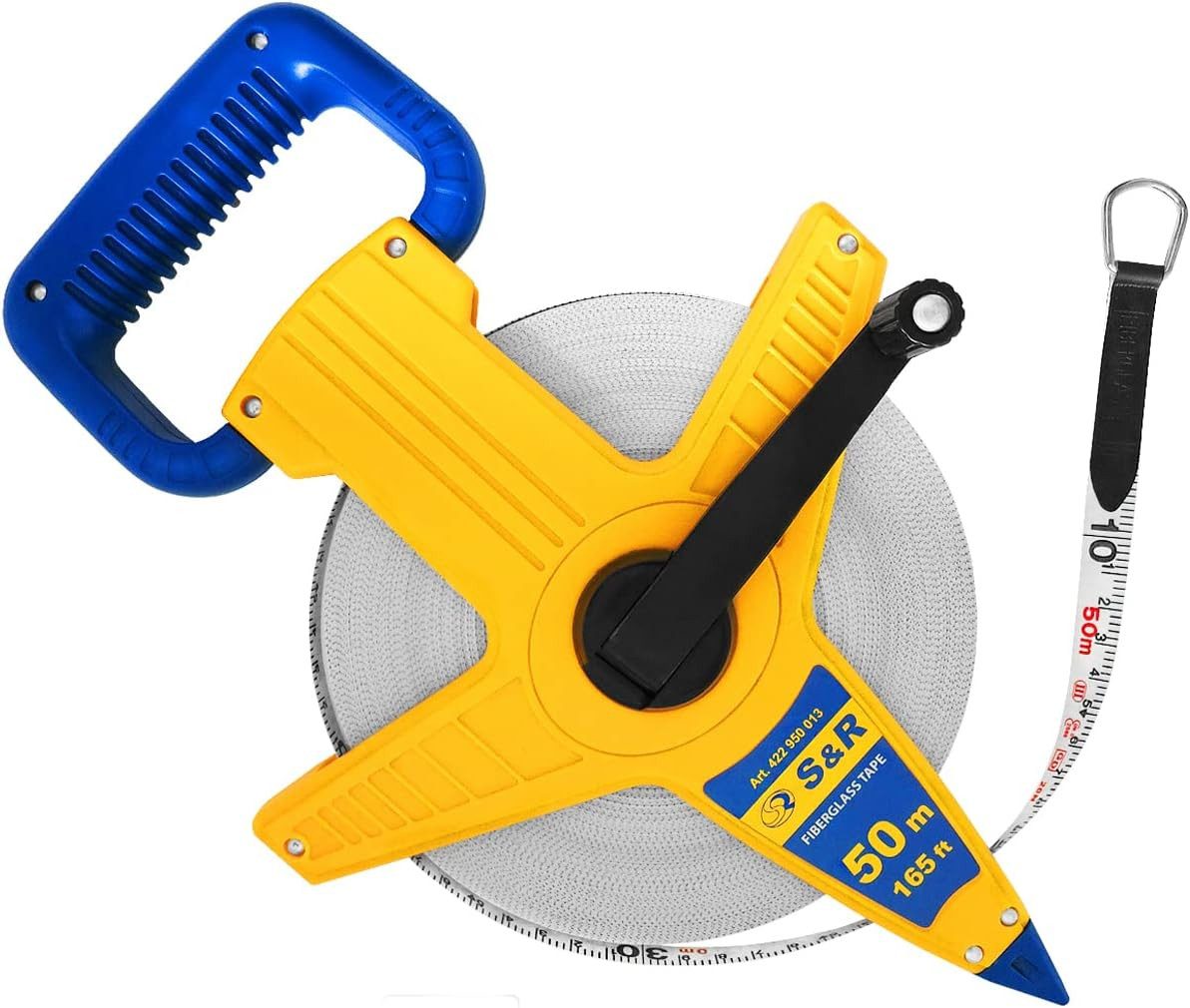 S&R Maßband Fiberglas 50 METER / 165 Ft (Zoll) Beidseitig markiert, Breite 13 mm, mit Metallring und Zentrierspitze und Kurbel zum ein- und ausrollen