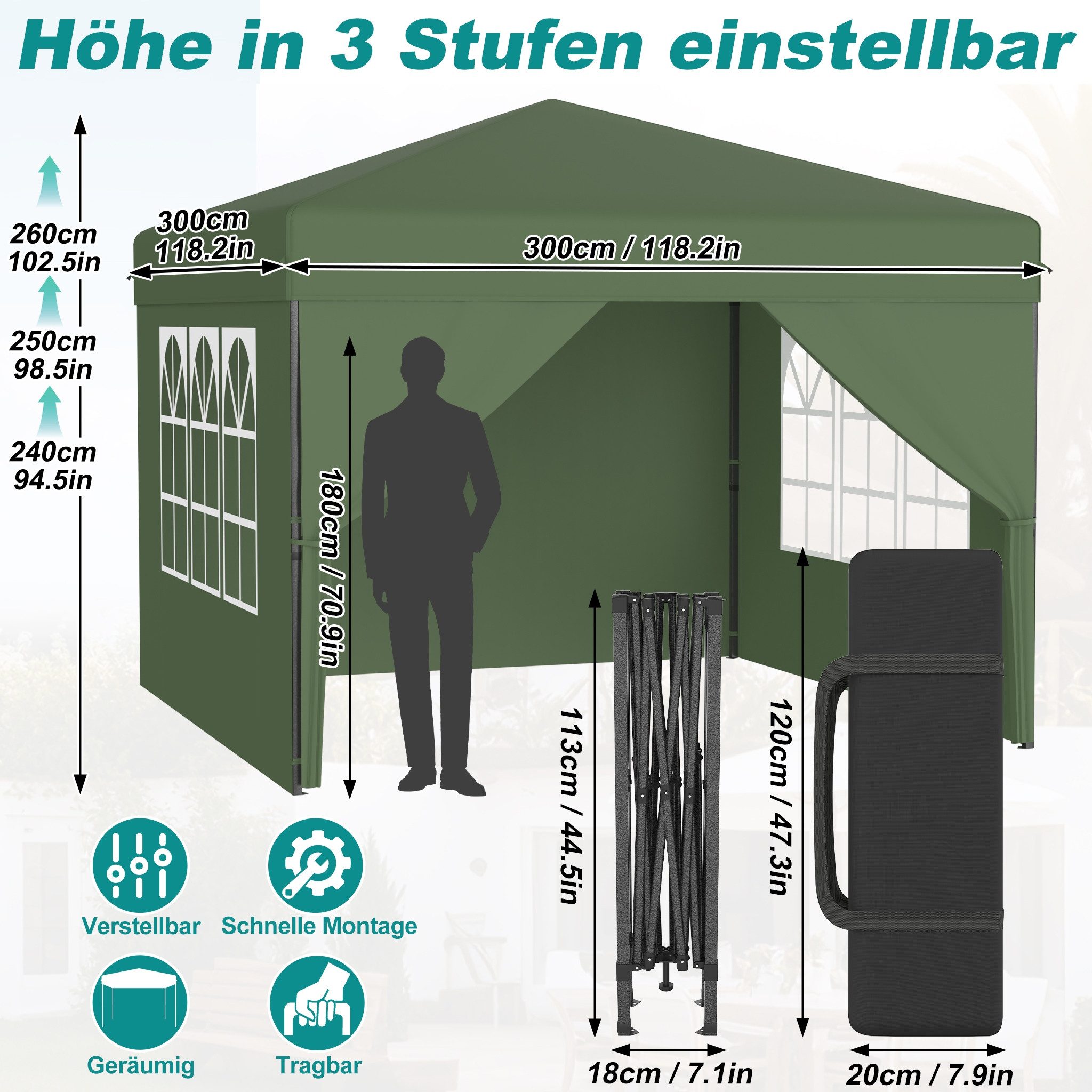 FIVMEN Partyzelt Pop Up Pavillon Faltbar Faltpavillon mit 4 Seitenteilen Hochzeit, Höheverstellbar 240-260cm Camping, Innenhof 300X300cm