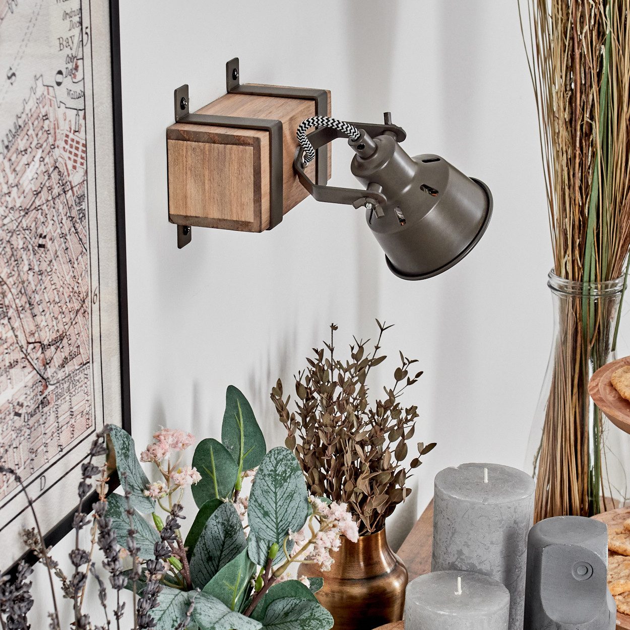 hofstein Wandleuchte Wandlampe aus Metall/Holz in Grau/Naturfarben, ohne Leuchtmittel, verstellbare Leuchte im Vintage/Industrial-Design mit Holzbalken, GU10