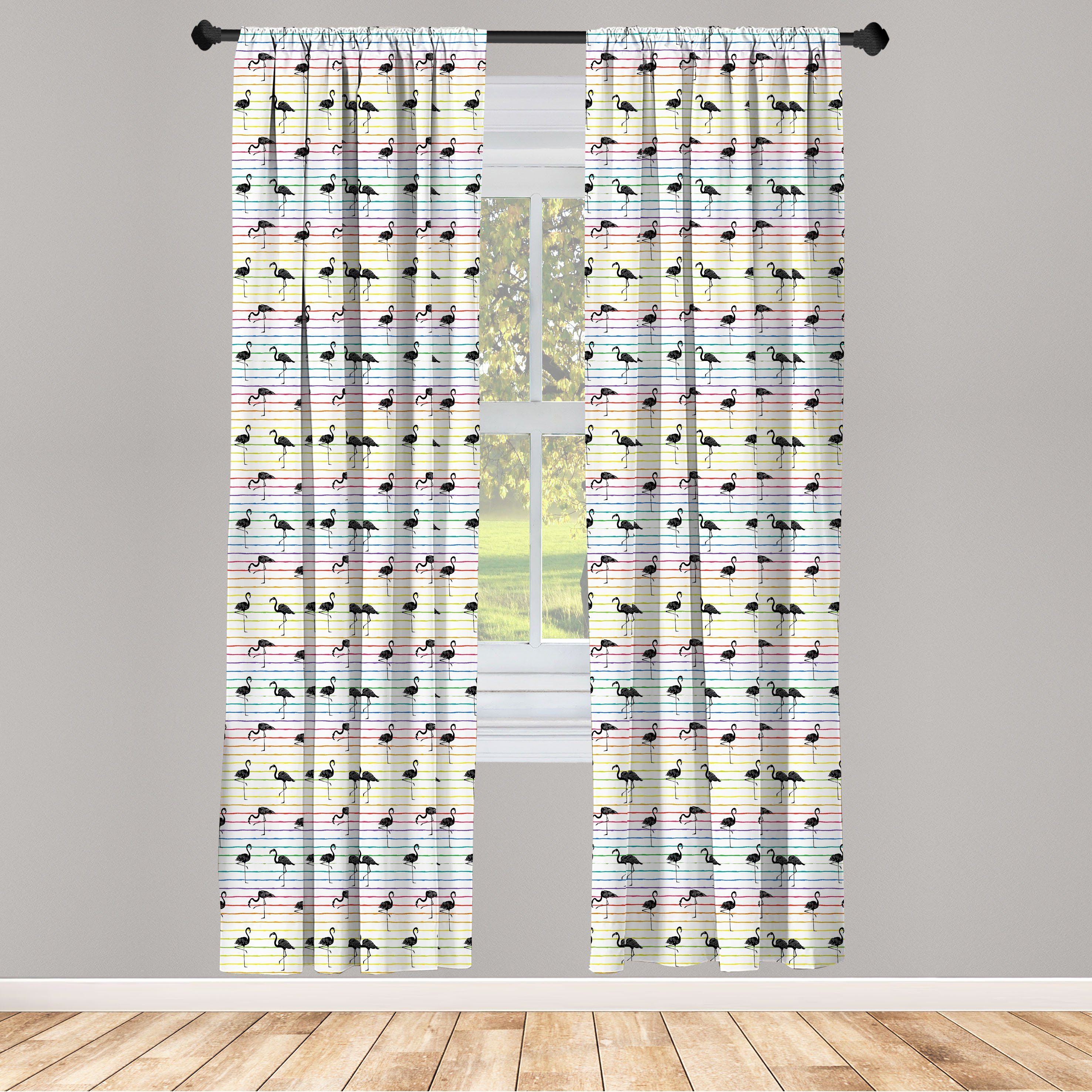 Gardine Vorhang für Wohnzimmer Schlafzimmer Dekor, Abakuhaus, Microfaser, Flamingo Exotische Vögel Rainbow Linien