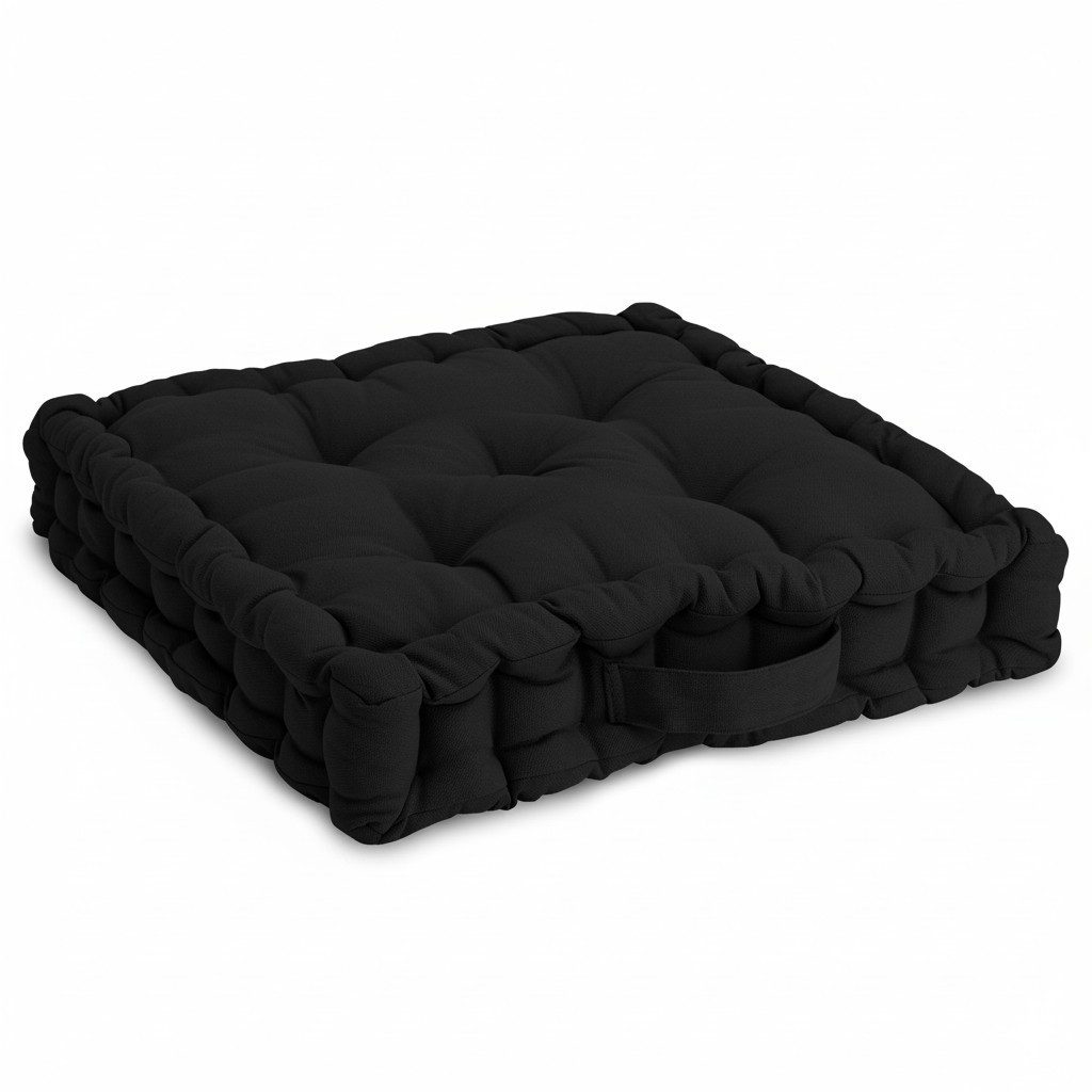 Beautissu Stuhlkissen Bodenkissen Sitzkissen Mila, 50x50cm, Schwarz, Matratzenkissen 10cm, 100% Baumwolle Stuhlkissen Indoor & Outdoor