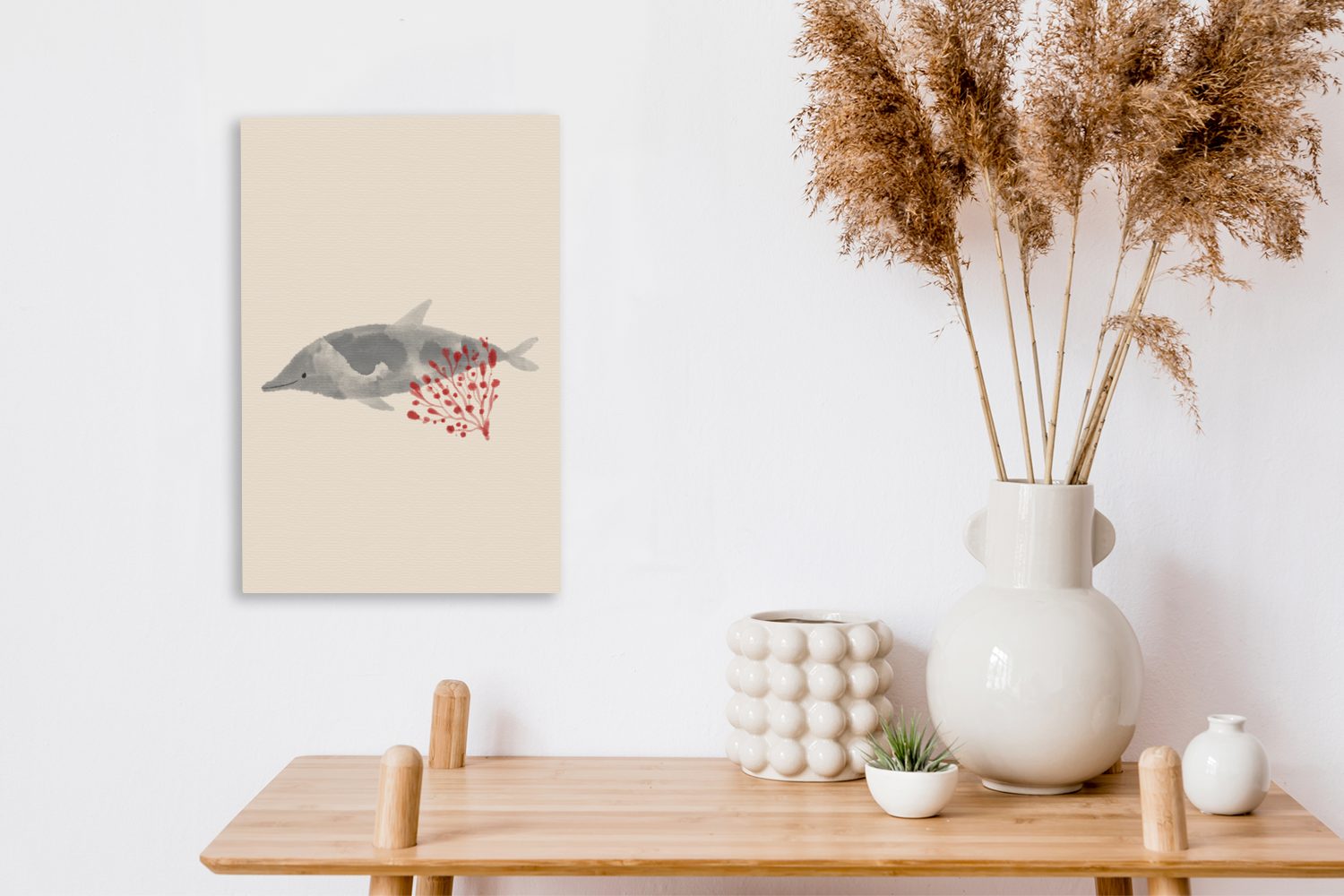 - Gemälde, OneMillionCanvasses® - (1 cm Leinwandbild Rot Zackenaufhänger, - Aquarell, fertig St), 20x30 Delfin Leinwandbild bespannt Wasserpflanzen inkl.