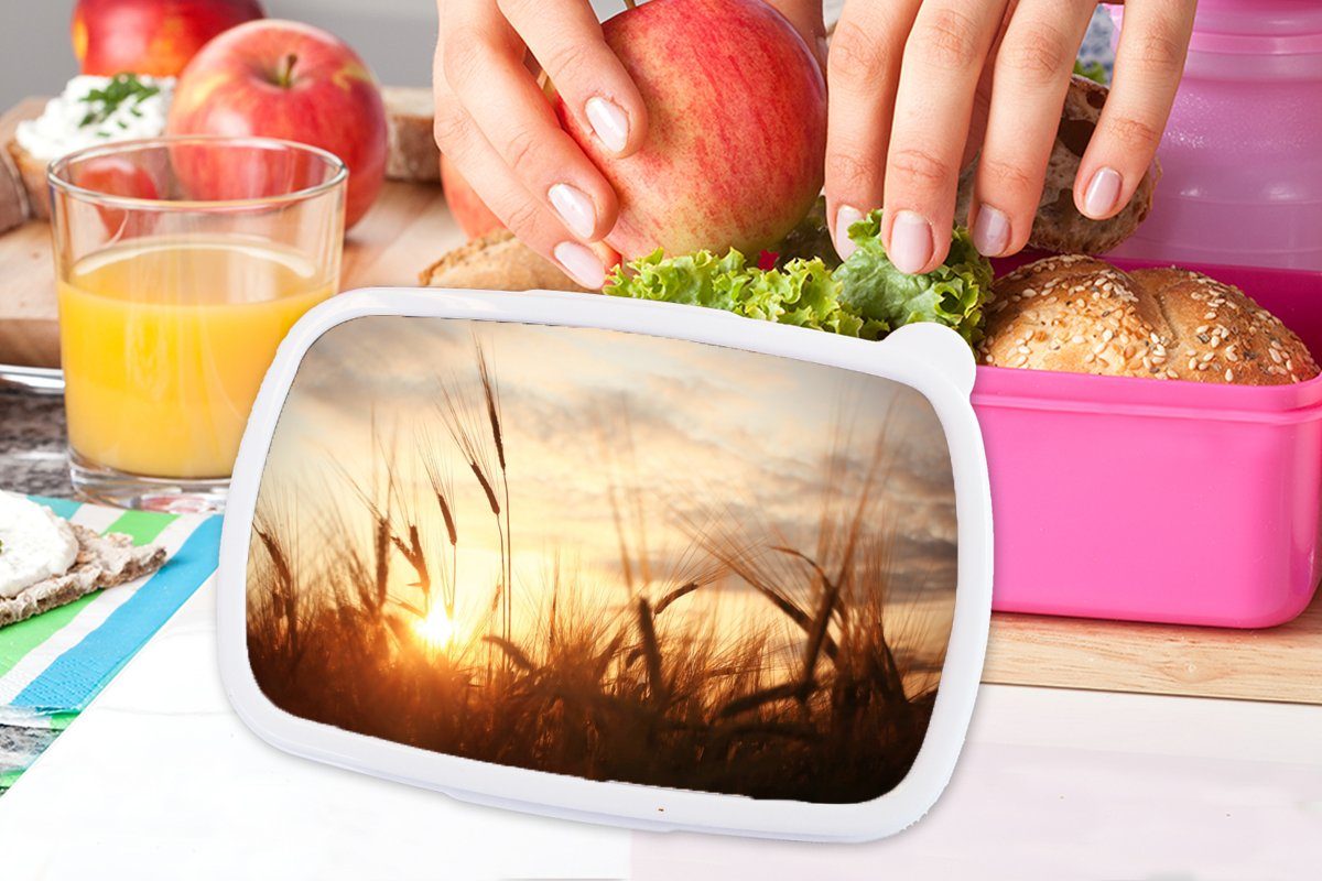 Kinder, Mädchen, Brotdose Natur Kunststoff, Gras Kunststoff - MuchoWow Horizont, für Snackbox, Sonnenuntergang rosa Schilf Brotbox - Lunchbox - (2-tlg), Erwachsene, -