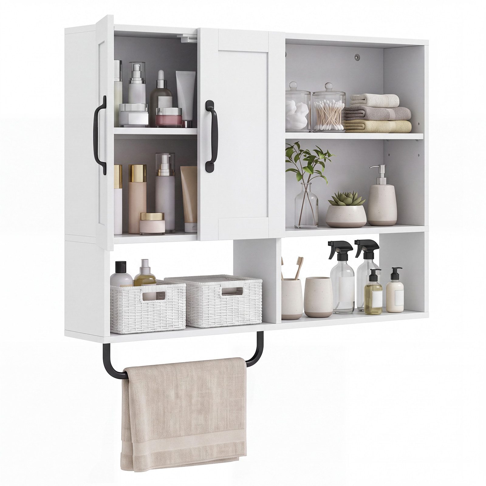 COSTWAY Hängeschrank Badezimmerschrank mit Handtuchhalter, Fächern Wandschrank Holz
