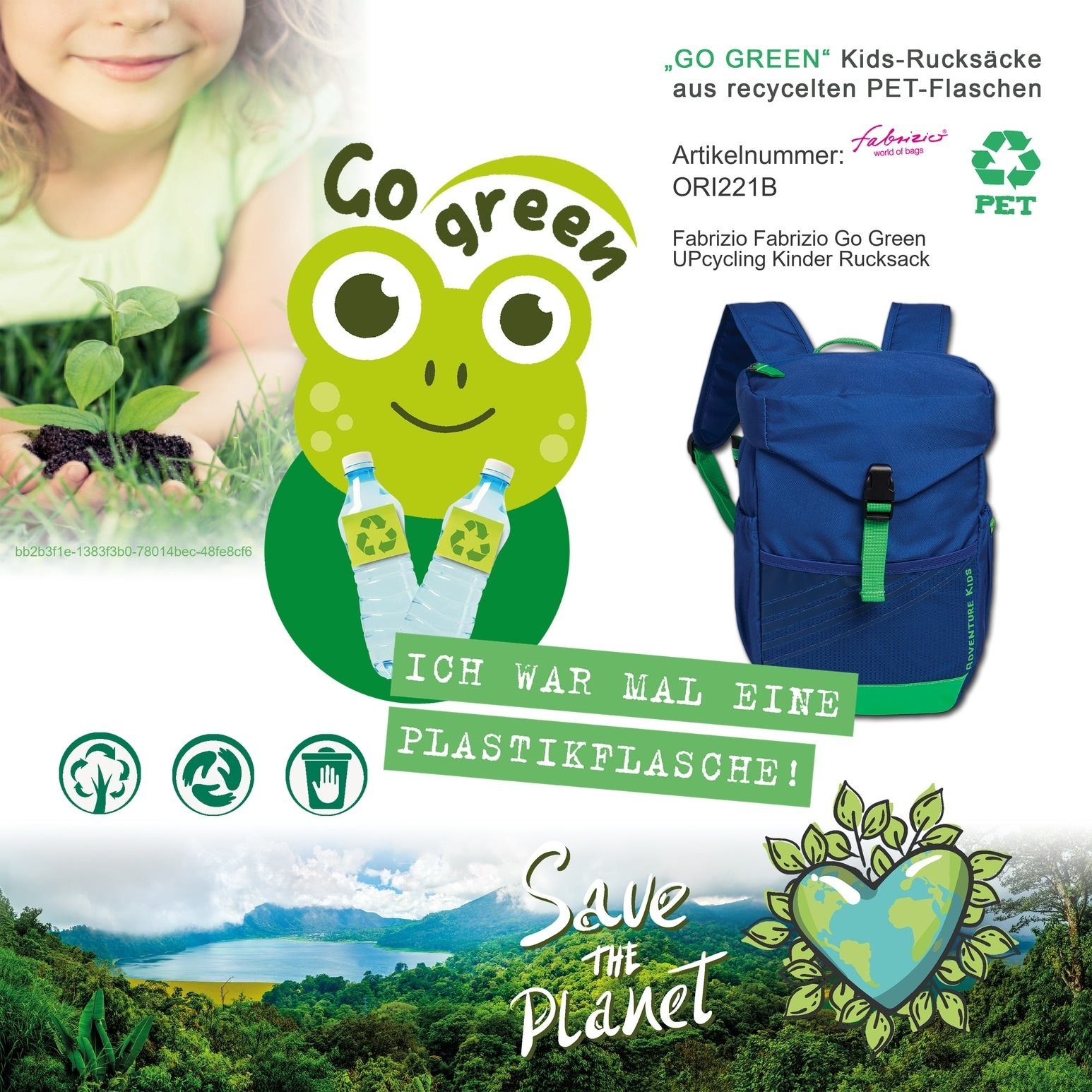 fabrizio® Rucksack Fabrizio Go Green Kinderrucksack, Kinderrucksack Polyester, recycelt, blau, grün ca. 27cm hoch, Adventur