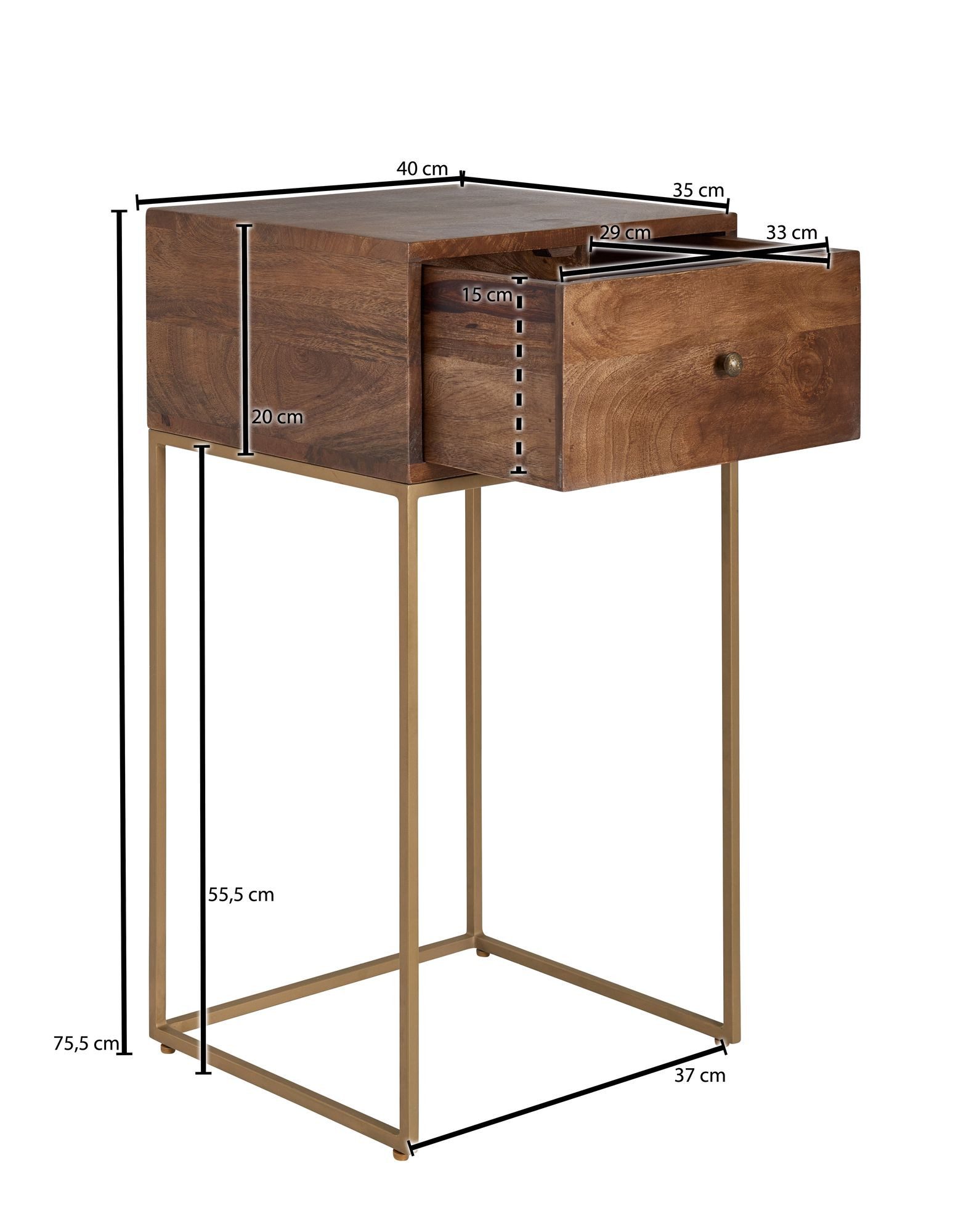 FineBuy Nachttisch aus Mango Massivholz mit goldfarbenem Metallgestell und Schublade – Nachtkonsole im Natur Design ideal für Boxspringbett, Nachtkommode mit St – Bild 3 von 5