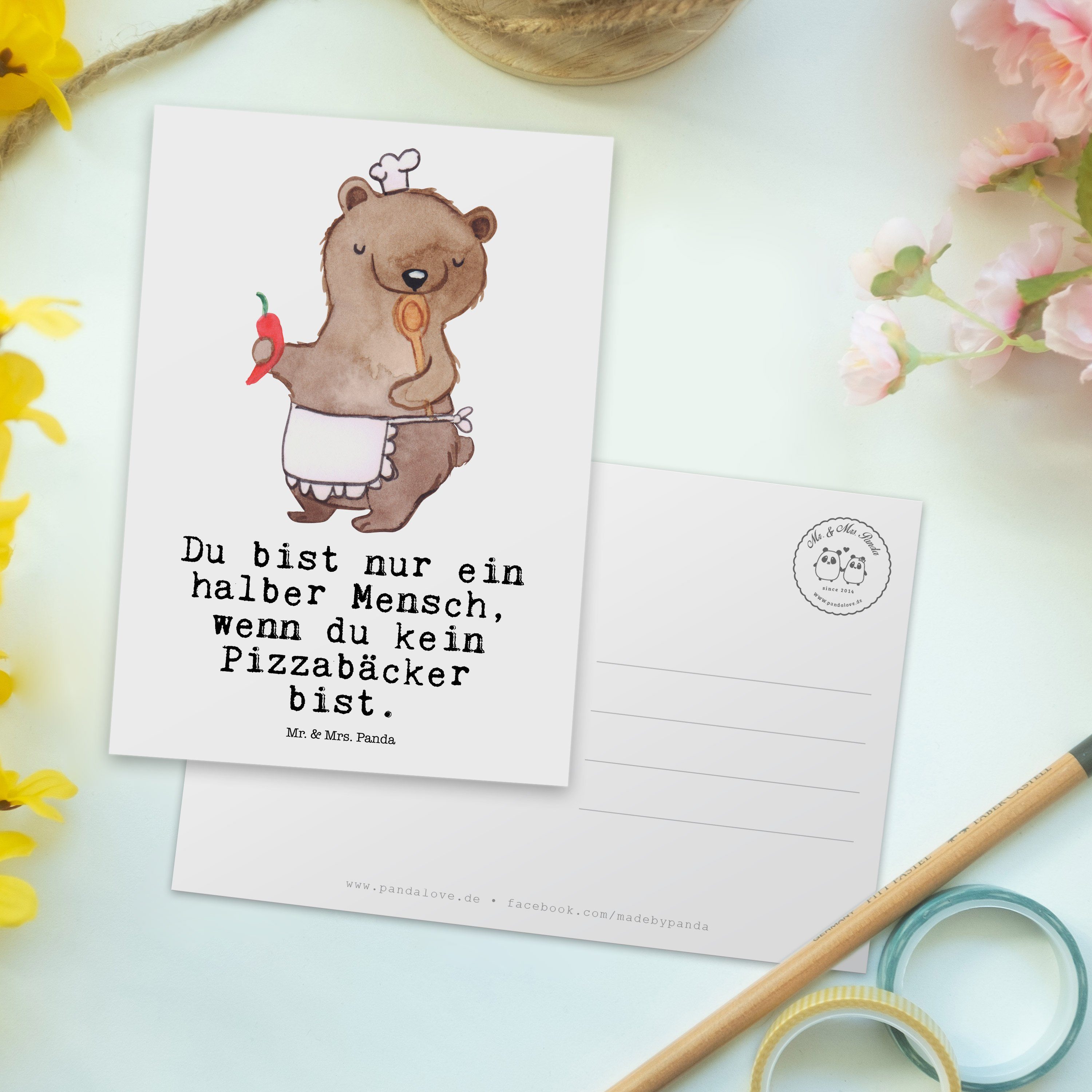 Panda & Mrs. Mr. Herz - mit Postkarte Weiß Geschenk, Geburtstagskarte, Pizzabäcker - Pizzabringd