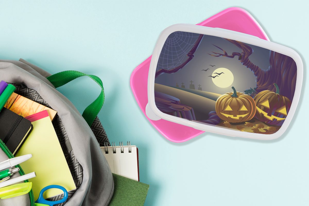 Illustration, Brotdose Lunchbox in Kürbisse Zwei (2-tlg), rosa einer MuchoWow Kunststoff Mädchen, Snackbox, Brotbox Kinder, Halloween-Nacht in Erwachsene, Kunststoff, für einer