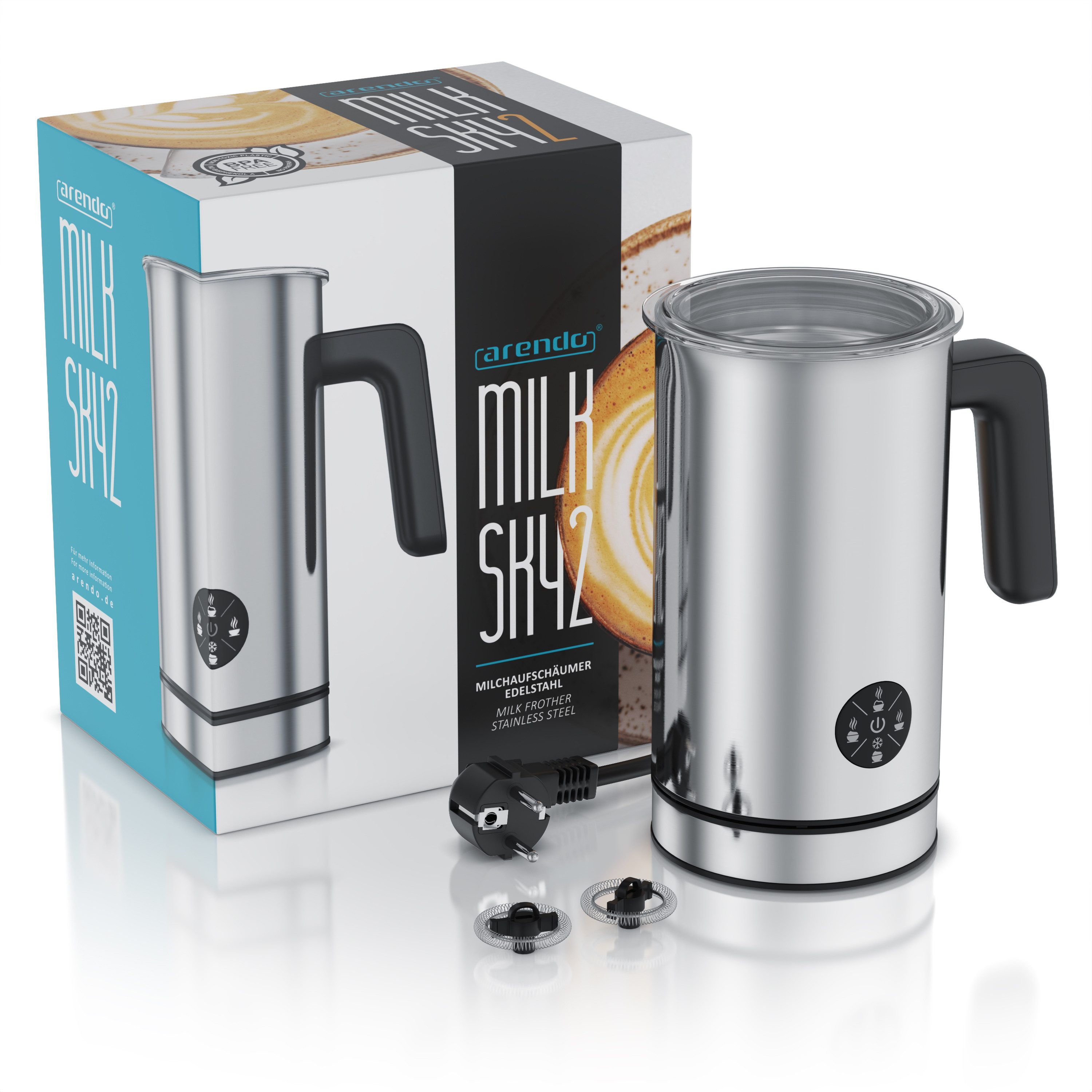 Arendo Milchaufschäumer elektrisch, Doppelwandgehäuse, 4 Programme, Antihaftbeschichtung, 500 W, Heiß & Kaltaufschäumen (150 & 300 ml), für Cappucino / Latte Macciato