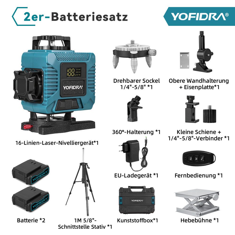 Yofidra Kreuzlinienlaser mit Stativ – 16 Linien 4D Laser Wasserwaage Grün, (1 St), 4×360° Laser Level IP54 für Bodenfliesen Verlegung Kit