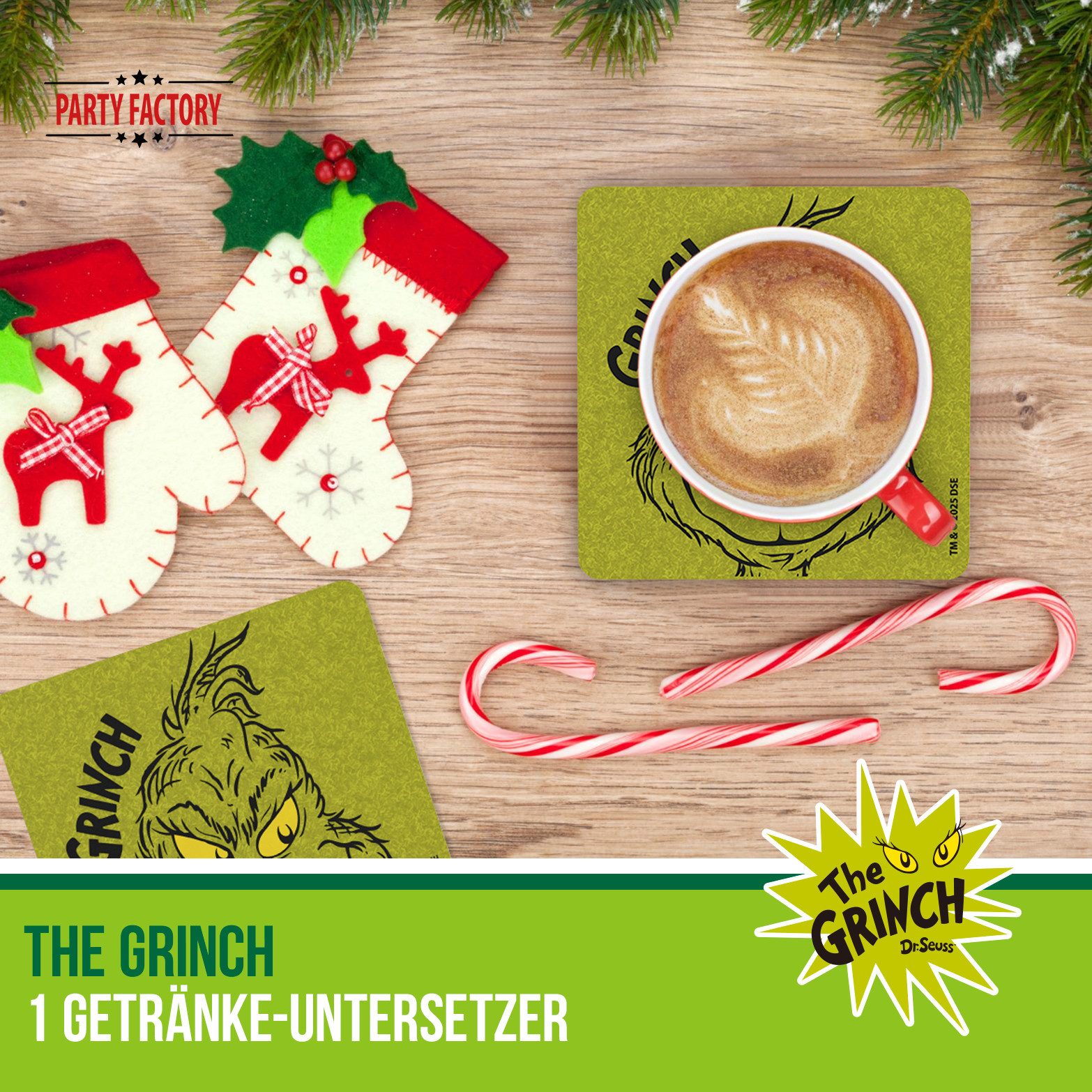 Party Factory Getränkeuntersetzer The Grinch Getränke-Untersetzer 4er Set grün – Weihnachts Tischdeko, 4-tlg., The Grinch
