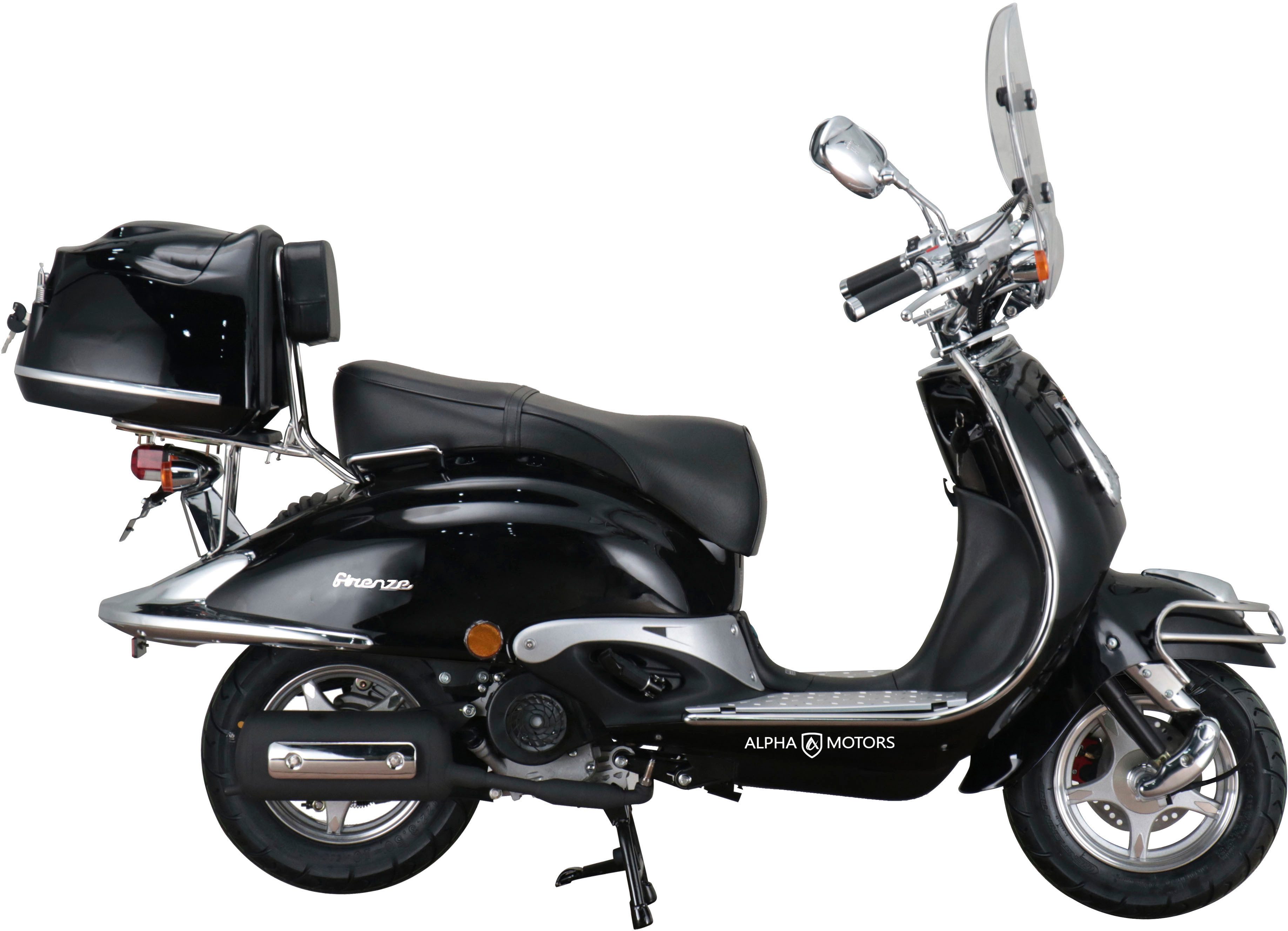 Alpha Motors Motorroller Retro Firenze Limited, 125 ccm, 85 km/h, Euro 5+, (Spar-Set, mit Topcase, Windschild und Chrom-Set), mit Lenkerschloss und Windschild