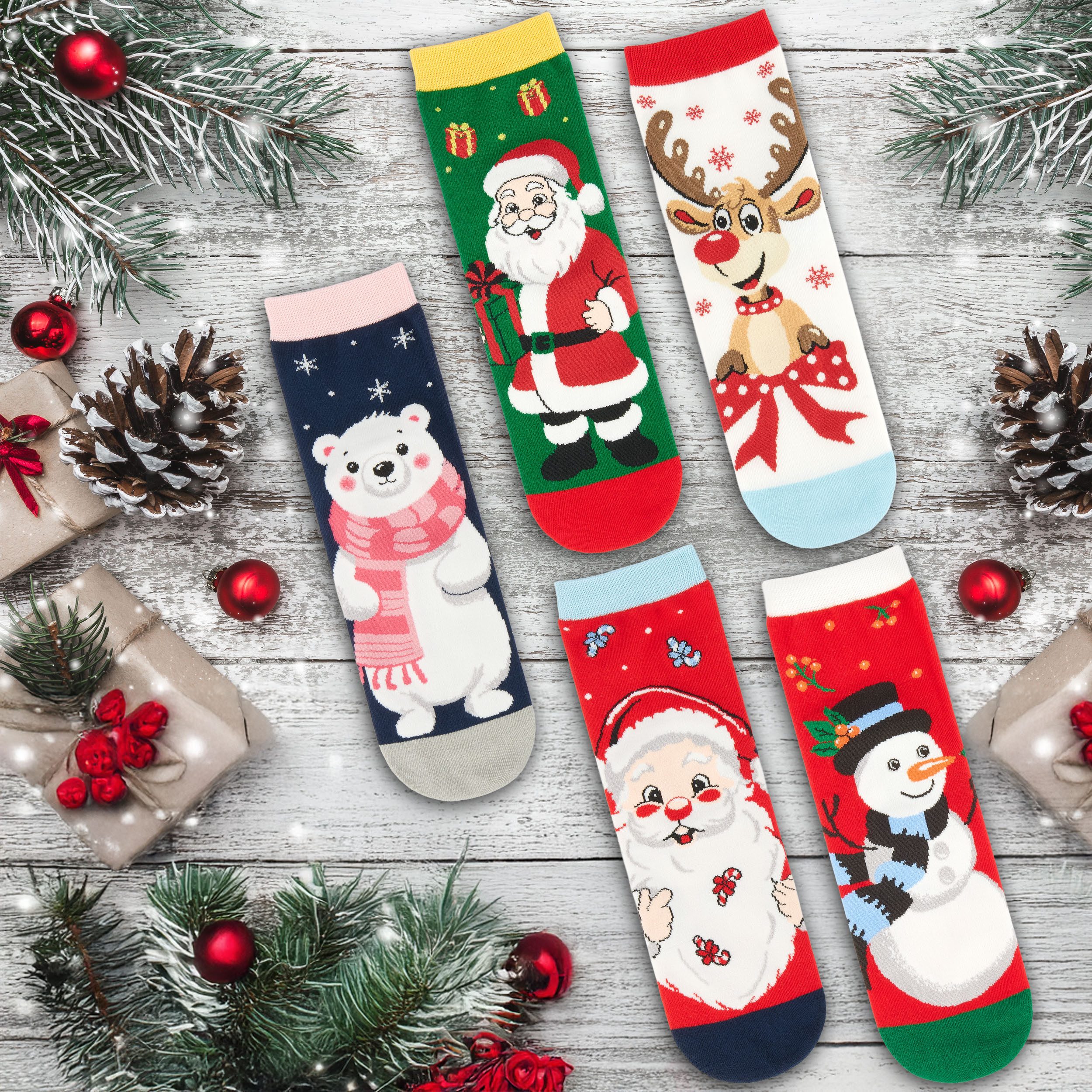 BRUBAKER Socken Damen Weihnachtssocken - Santa, Rentier und Eisbär (Bunte Baumwollsocken für Frauen - Geschenkset, 5-Paar, Kuschelsocken mit humorvollen Sockenmotiven) Lustige Damensocken für Weihnachten & Nikolaus