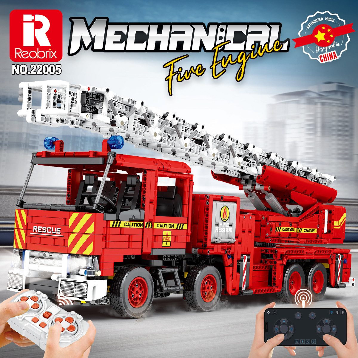 Reobrix 22005 Spielbausteine, (Klemmbaustein Set, 3266 St., Bauset), Motorisierte Feuerwehr Drehleiter mit RC und App Steuerung