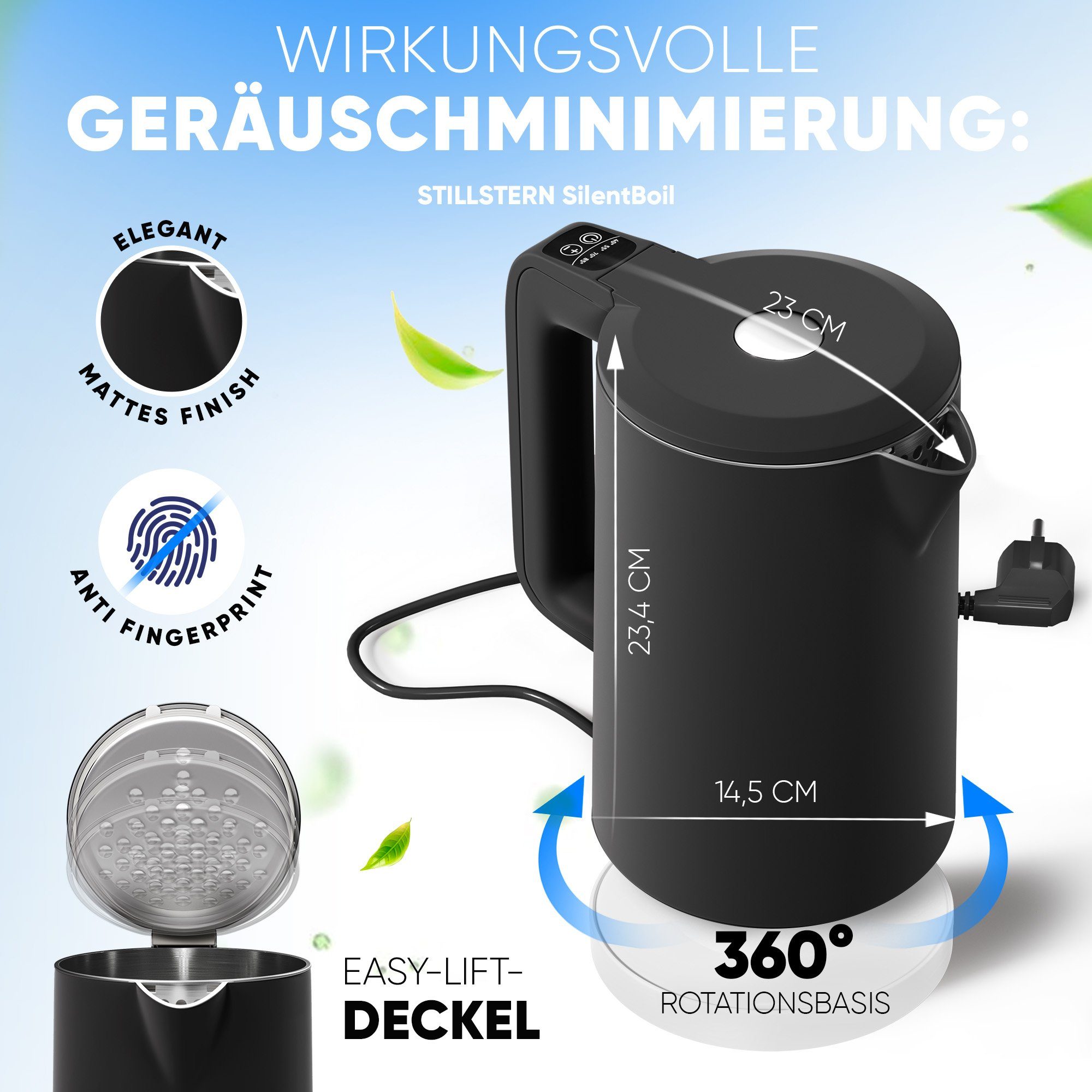 Wasserkocher Std. Stillstern 12 Schwarz Wasserkocher 1,7L, Temperatureinstellung, Aufkochen, W, 2200 Warmhaltefunktion, 2200W, mit Schnelles Leise