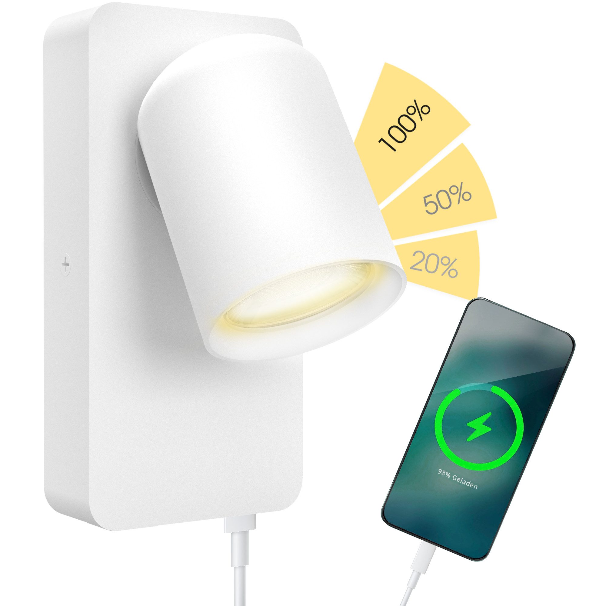 SSC-LUXon LED Wandleuchte NERU Nachttischlampe Wand weiß mit USB & GU10 LED fourSTEP, Warmweiß