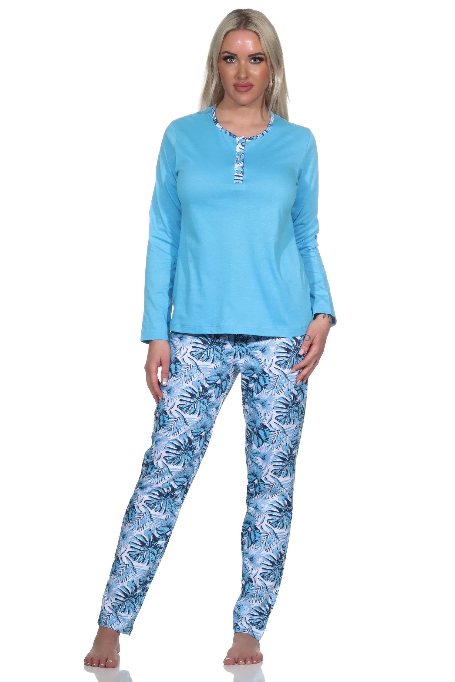 Normann Pyjama Damen Schlafanzug mit Hose in floralem Print - auch in Übergrößen blau