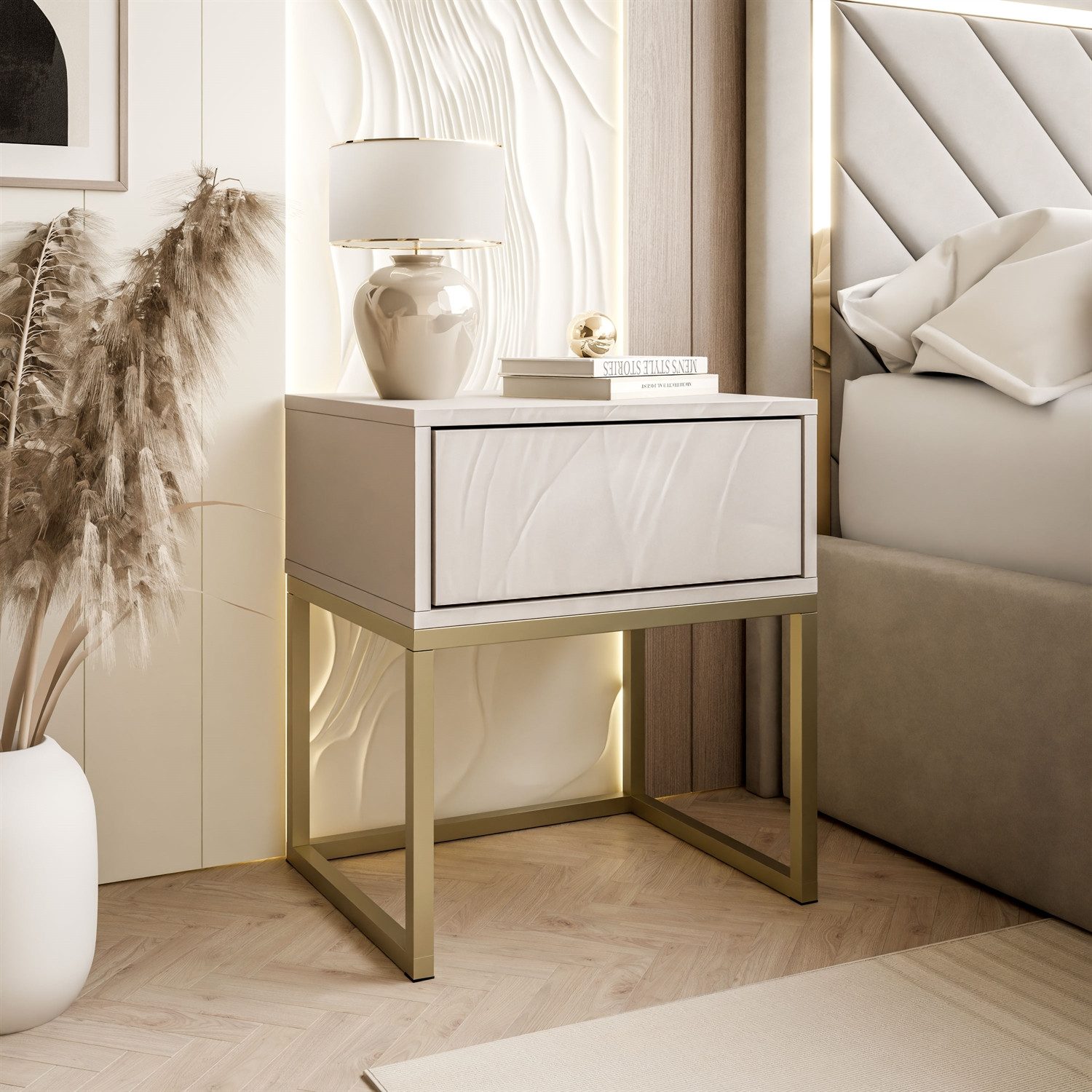Lookway Nachttisch BLANCO Kaschmir auf Gestell – Moderner Nachtschrank fürs Schlafzimmer (1x Nachttisch), 45x52x37 cm – Bild 2 von 5