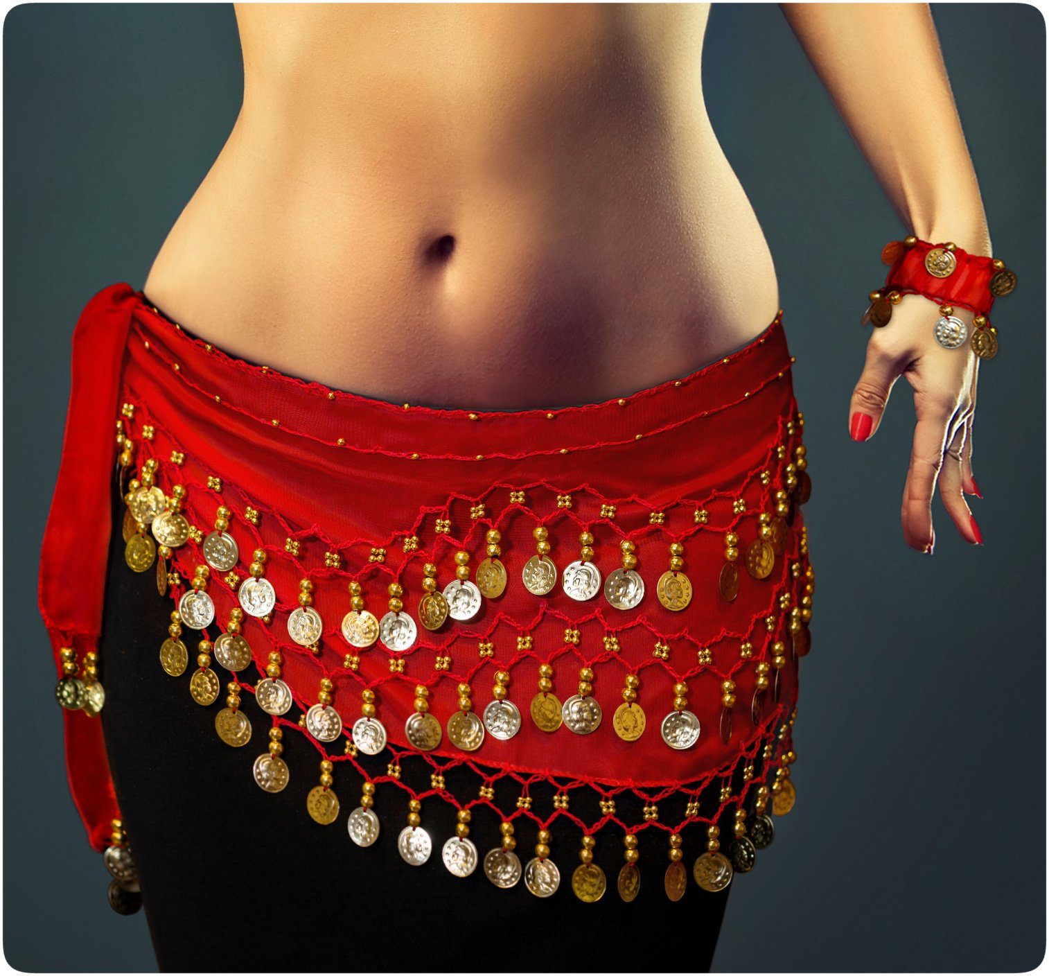Kostüm Belly Dance Bauchtanz Kostüm in rot Hüfttuch inkl. ein paar Handketten