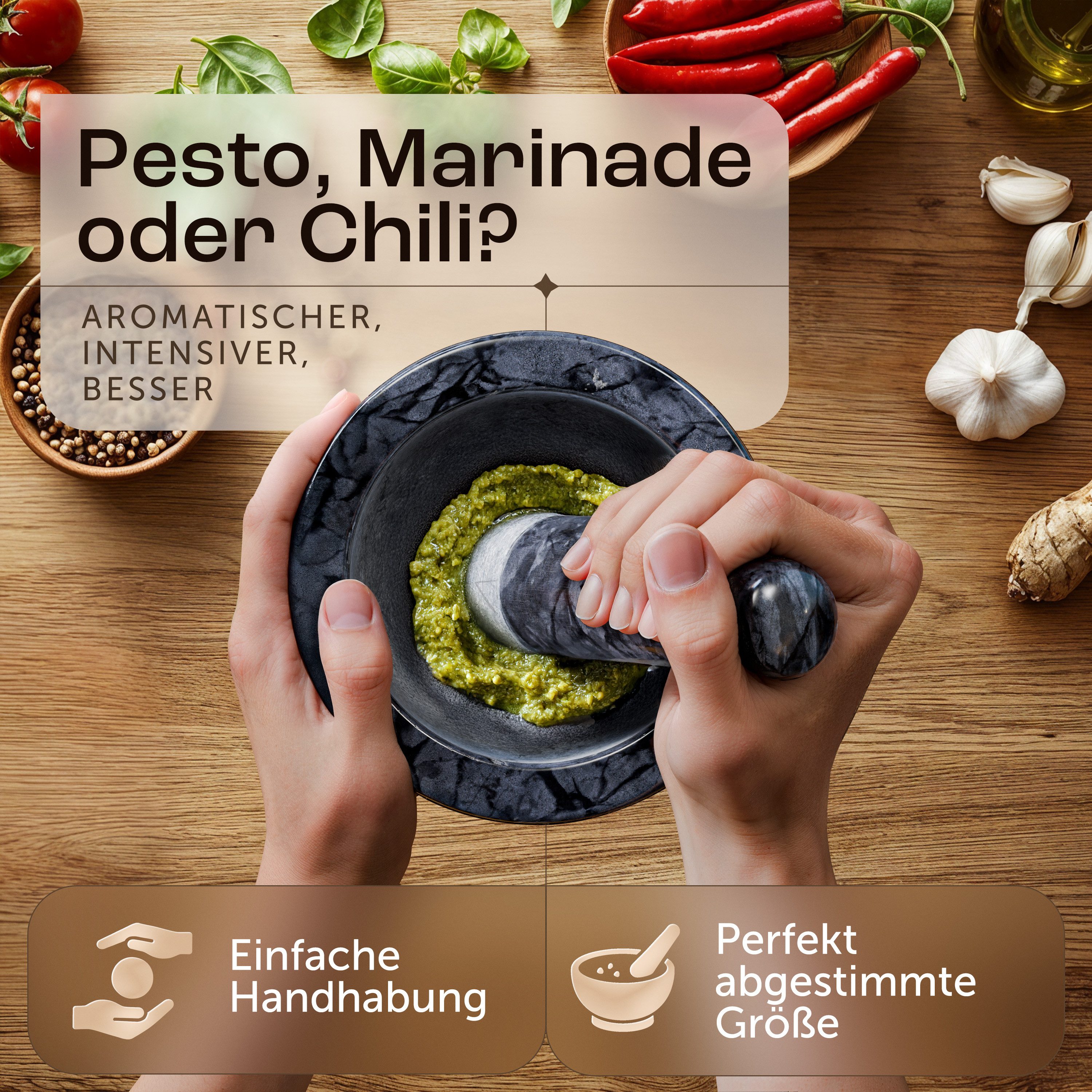 madeco Mörser Marmor Mörser mit Stößel mit Antirutsch-Pad - für Gewürze & Kräuter, (Set, 2-tlg), Ø 14 x 8,5 cm, 400 ml Füllvolumen – Bild 4 von 5