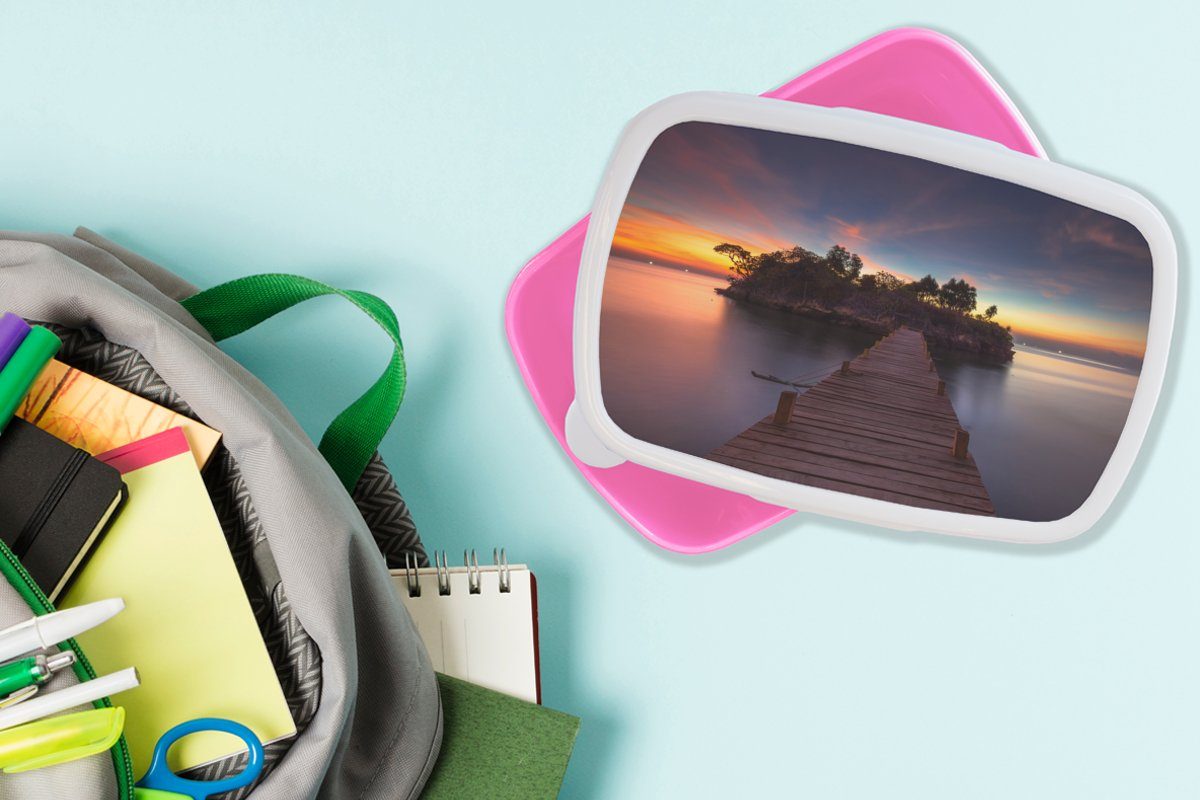 Kunststoff Kunststoff, Brücke Bäume (2-tlg), Wasser - Insel, Kinder, - Brotbox rosa Lunchbox Brotdose MuchoWow - Snackbox, für Erwachsene, Mädchen, - Sonnenuntergang