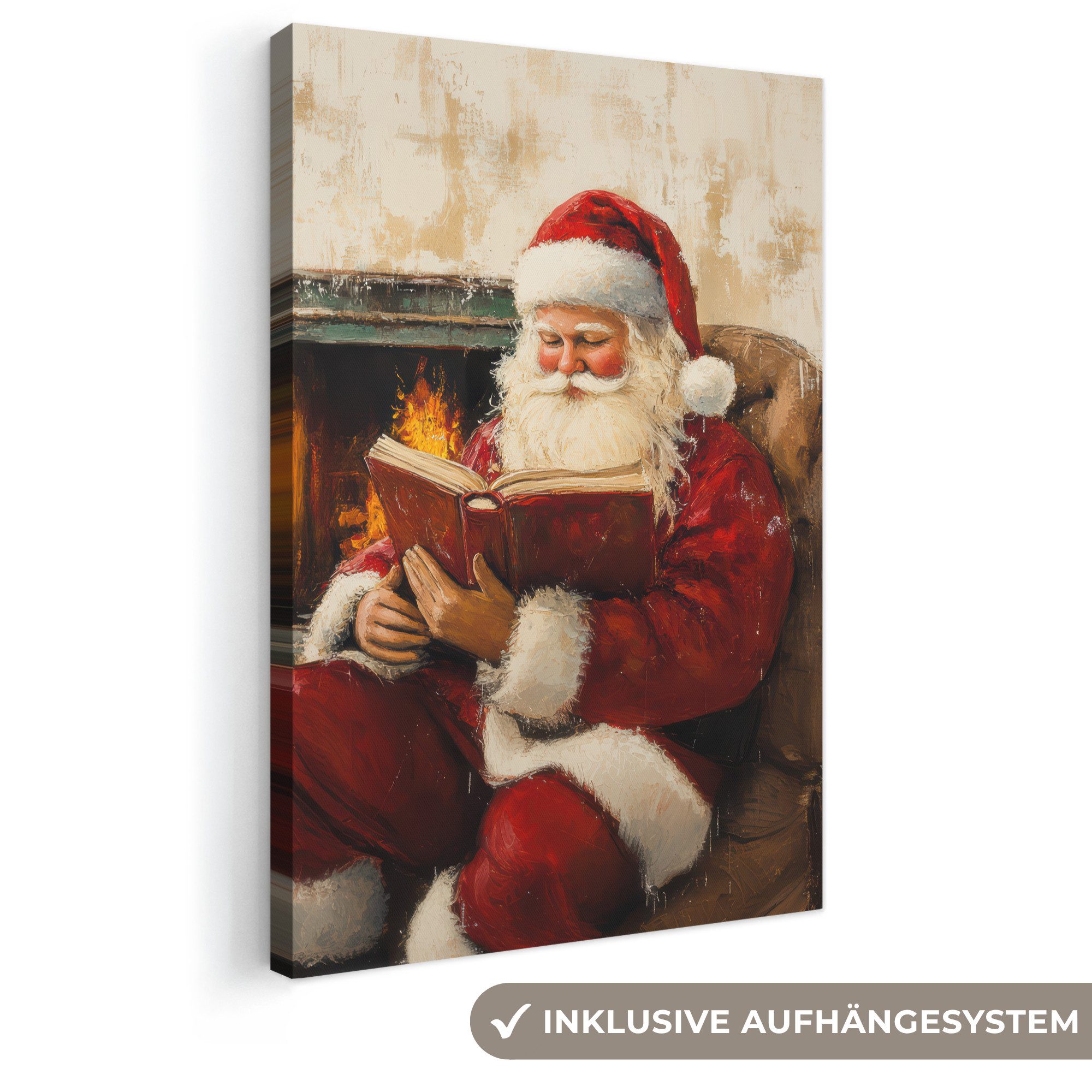 OneMillionCanvasses® Leinwandbild Weihnachten - Weihnachtsmann - Winter - Open Fireside, Fotodruck (1 St), Leinwand Canvas Wandbild, Wanddekoration 20x30 cm