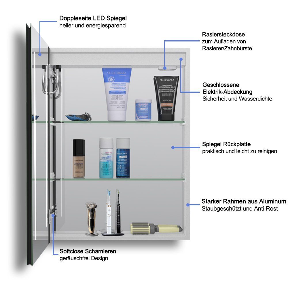 Badezimmerspiegelschrank Aluminium cm 45-80 Rasiersteckdose, Kaltweiß Touch LED duschspa Beschlagfrei, Spiegelschrank Schalter,