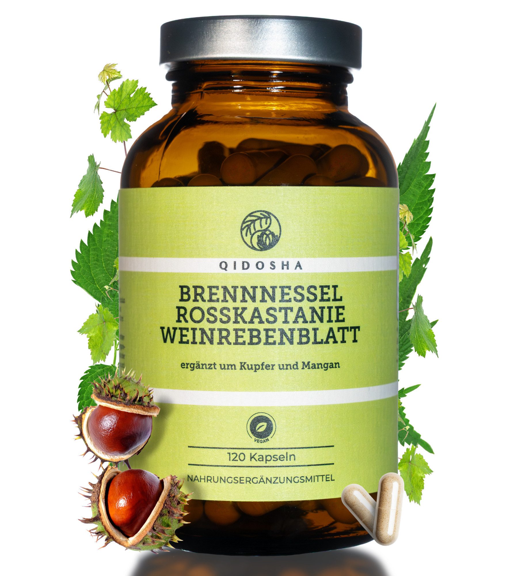 QIDOSHA Brennnessel Komplex Kapseln mit Rosskastanie & Weinrebenblatt, vegan Hartkapsel, 1 er Brennnessel-Komplex Kapseln - Pflanzenkraft 120 Tage Vorrat, vegan à 120 St., 92.7 g, Pflanzliche Nahrungsergänzung mit Kupfer, Mangan & Antioxidantien