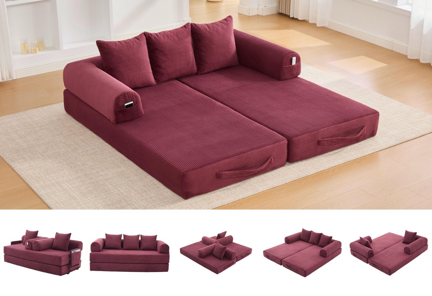 LVHOM Loungesofa faltbar mit Schlaffunktion, Stabil-/abnehmbarer Außenrahmen aus Metall, frei kombinierbar, Liege- oder Klappsofa, 3 Kissen, Hochelastischer Schaumstoff, weicher Cordstoff, Praktische Seitentaschen zur Aufbewahrung, Ideal für flexible Raumgestaltung in Wohn- oder Kleinwohnungen, Tragfähigkeit 300kg, als Gästebett nutzbar,Arbeitszimmer/Wohnzimmer