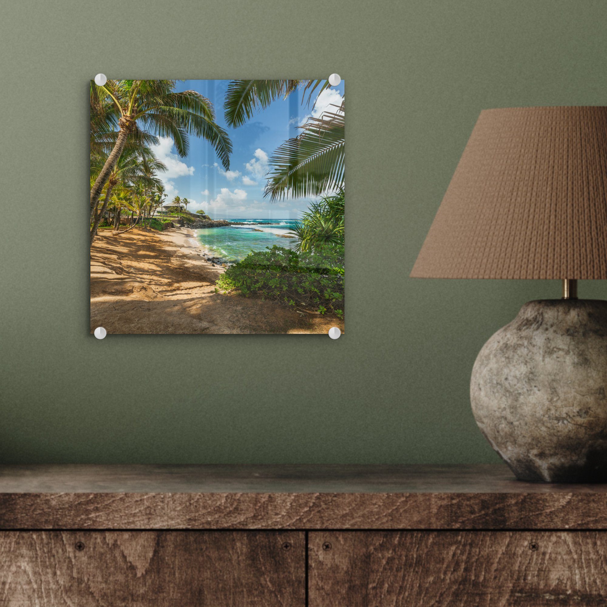Glas Wandbild St), Maui, - zwischen Wanddekoration MuchoWow Palmen (1 auf das Glas auf auf - Bilder auf - den Blick Acrylglasbild Meer Foto Glasbilder