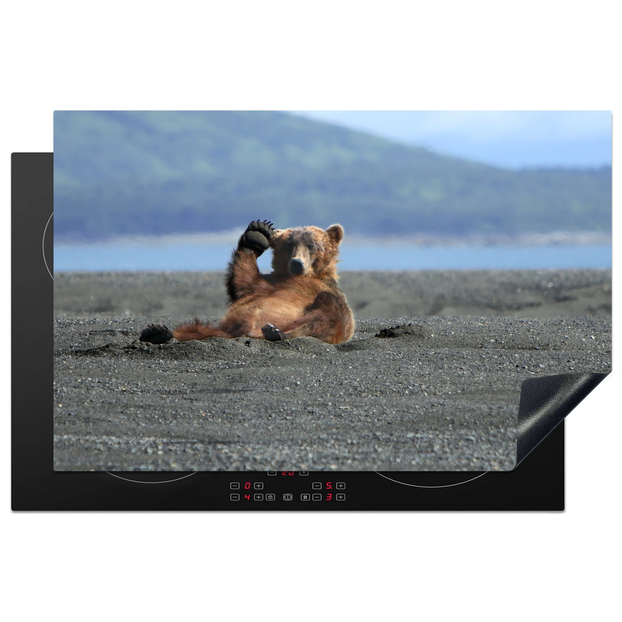 MuchoWow Herdblende-/Abdeckplatte Bild eines Grizzlybären, der seine Pfote hebt, Vinyl, (1 tlg), 81x52 cm, Induktionskochfeld Schutz für die küche, Ceranfeldabdeckung