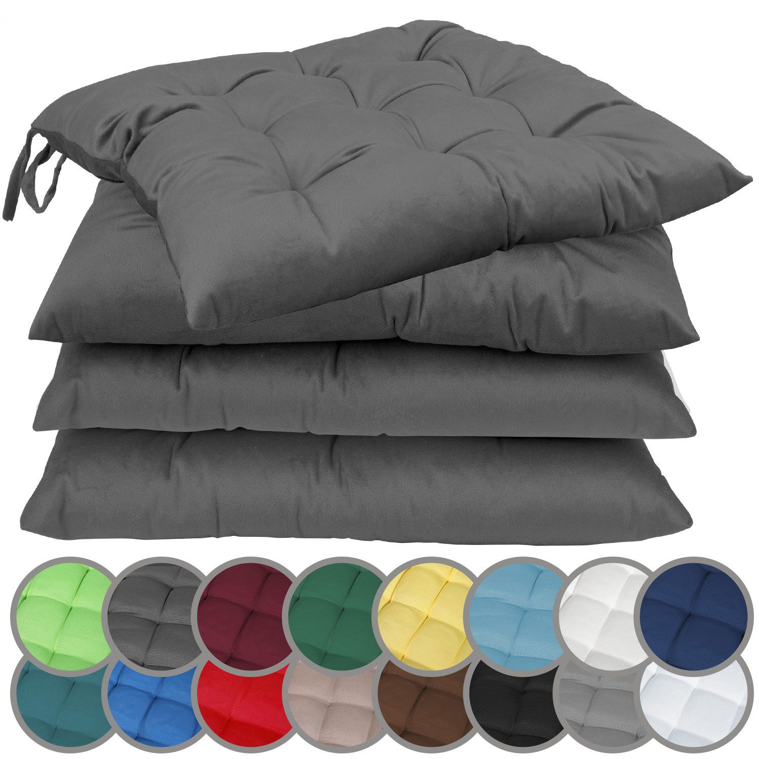 NatureMark Sitzkissen 4er-Set Stuhlkissen 40x40cm mit Bändern, Universal Sitzpolster Kissen, schadstoffgeprüft, Anthrazit grau