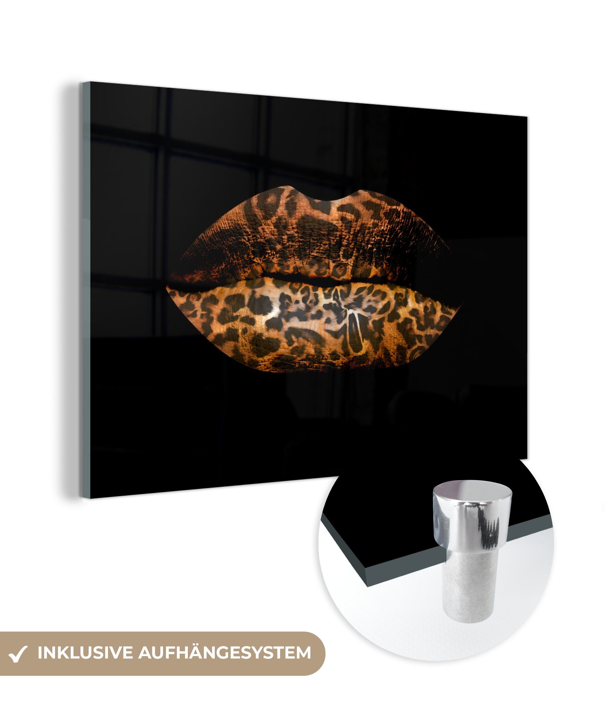 MuchoWow Acrylglasbild Lippen - Tigerdruck - Schwarz, (1 St), Glasbilder - Bilder auf Glas Wandbild - Foto auf Glas - Wanddekoration