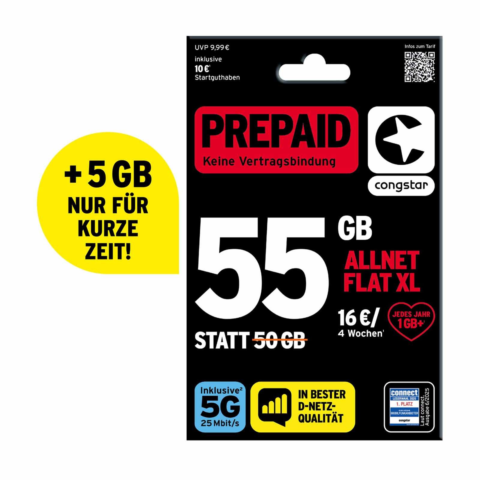 Congstar Prepaid ALLNET XL SIM-Karte ohne Vertrag 5G mit 25 Mbit/s Prepaidkarte, (Telefonie & SMS Flat, EU-Roaming inkl)
