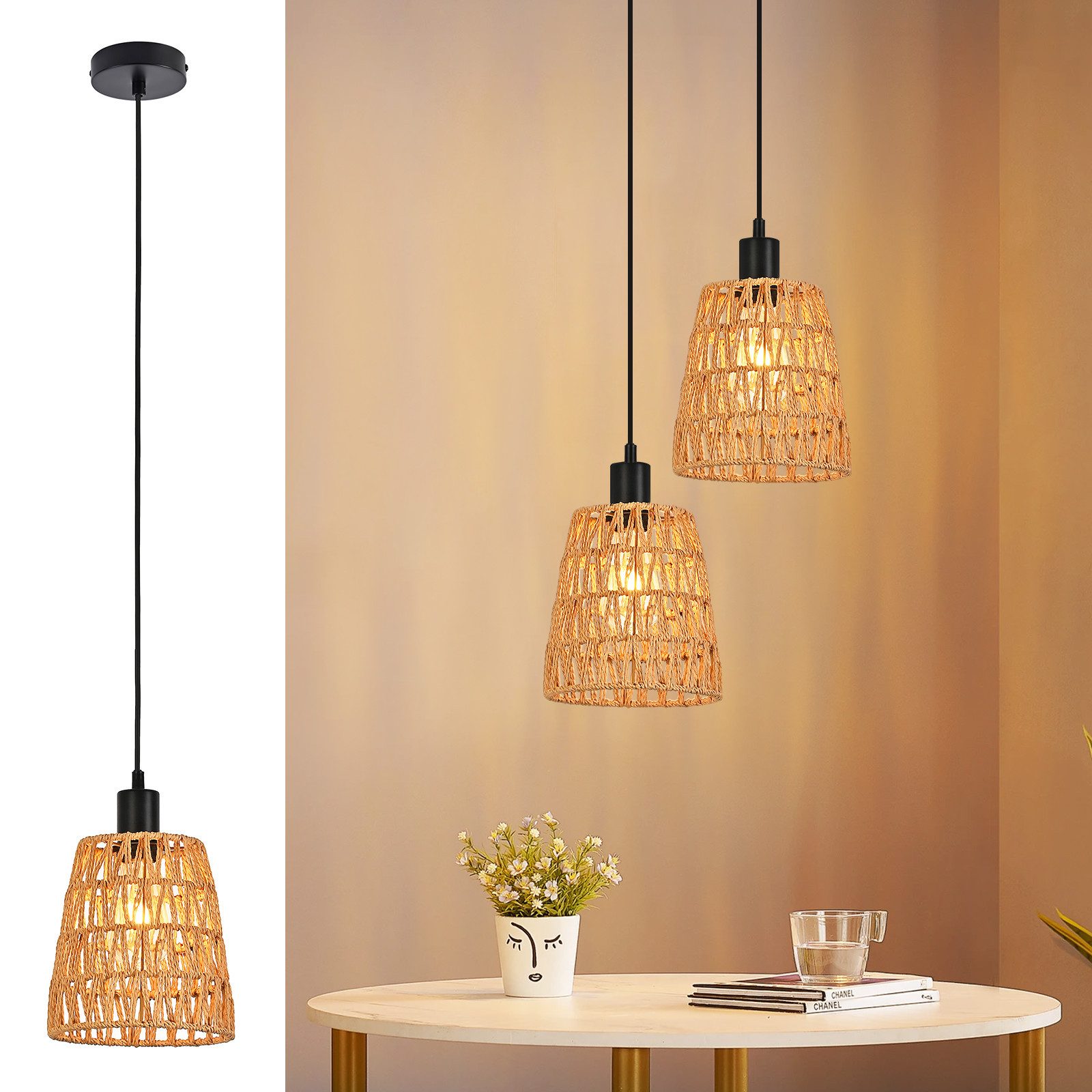 ZMH Pendelleuchte Hängelampe Boho Pendelleuchte Rattan 1/3 Flammig Vintage Geflochten, ohne Leuchtmittel