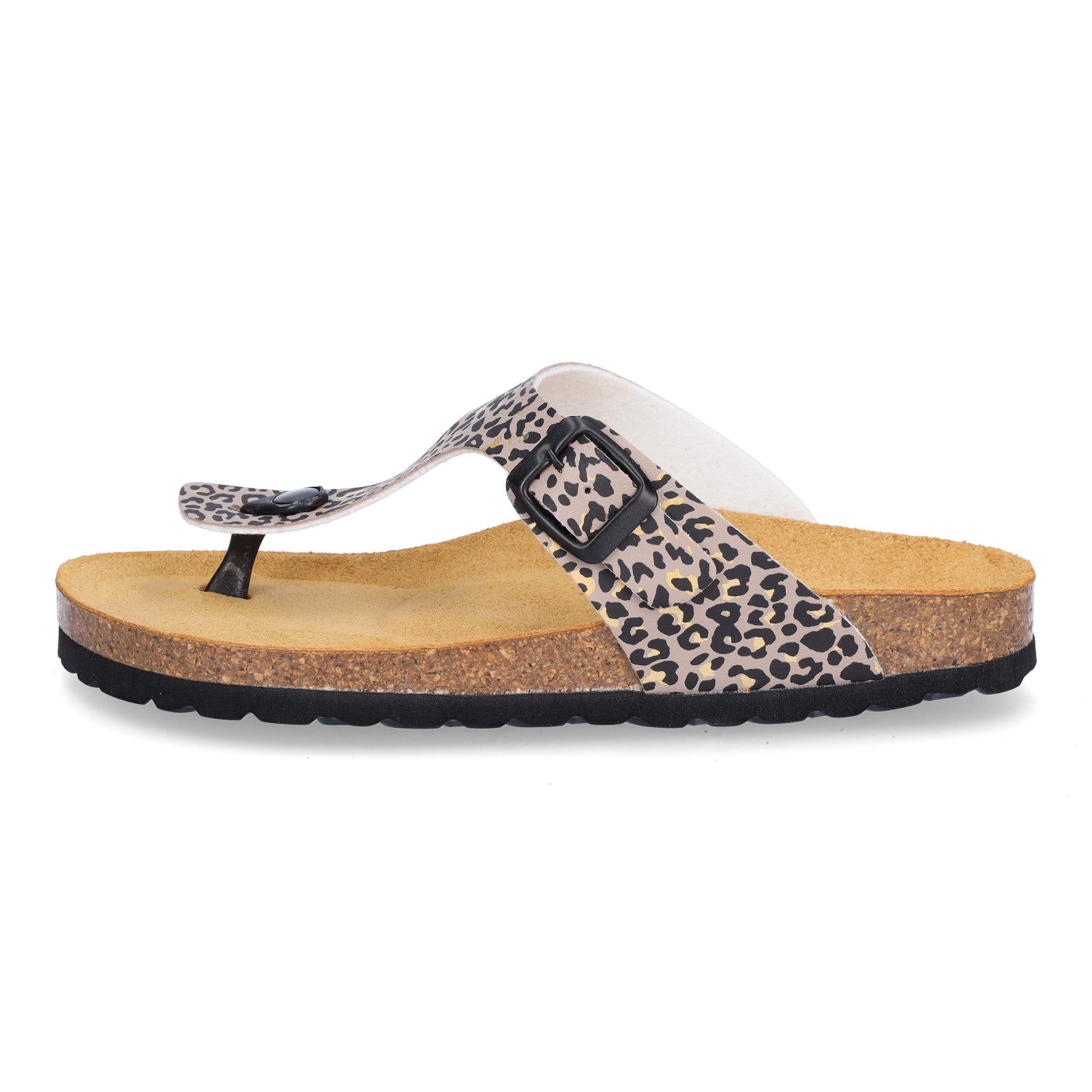 MIDS MIA Damen Pantolette leo Animalprint, Zehentrenner mit Lederfußbett, Schnalle und Korksohle
