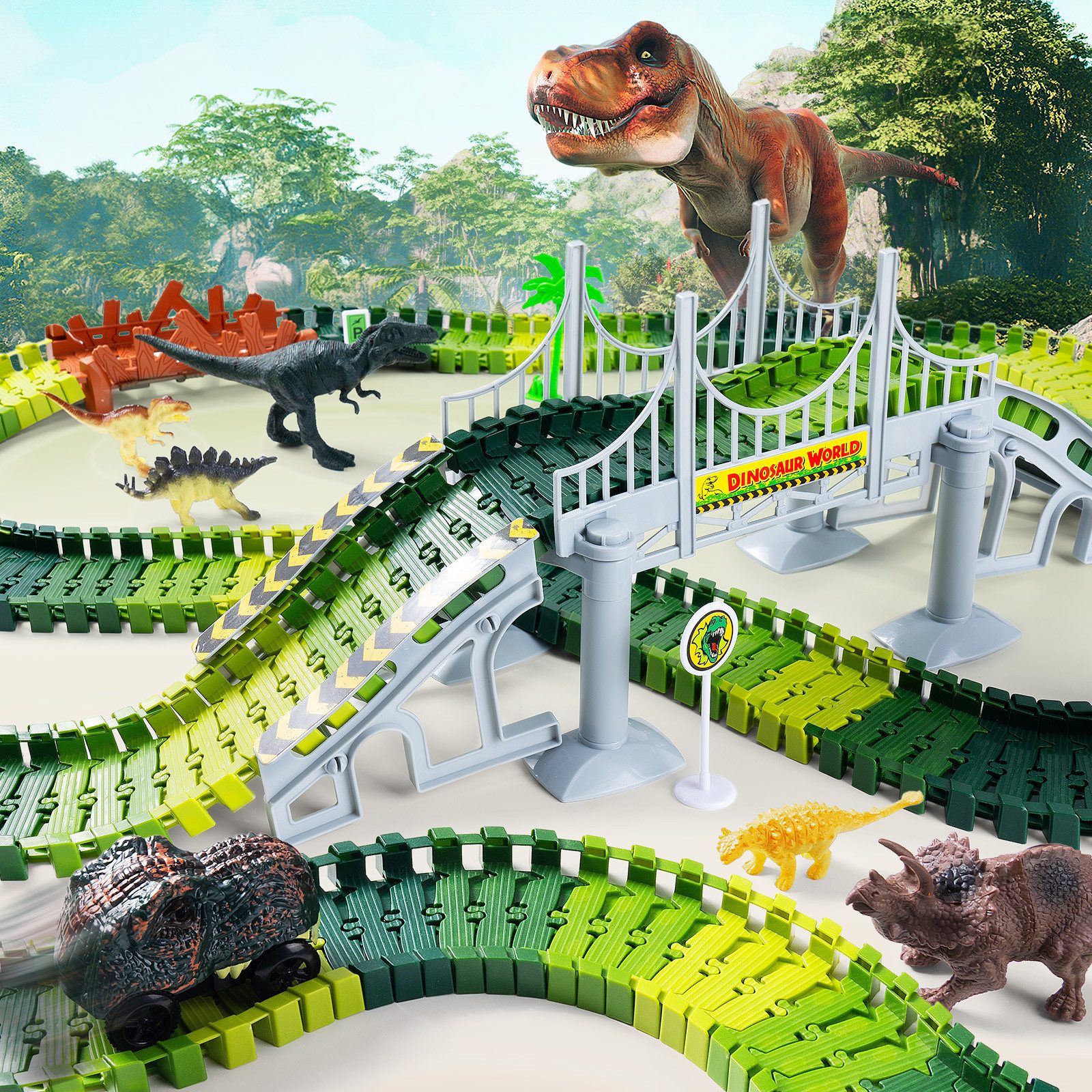 Coroiesty Autorennbahn Dinosaurier Rennbahn Set, Flexible Rennstrecke – Geschenk für Kinder, (Set), Flexible Schienen, leuchtende Dino-Fahrzeuge