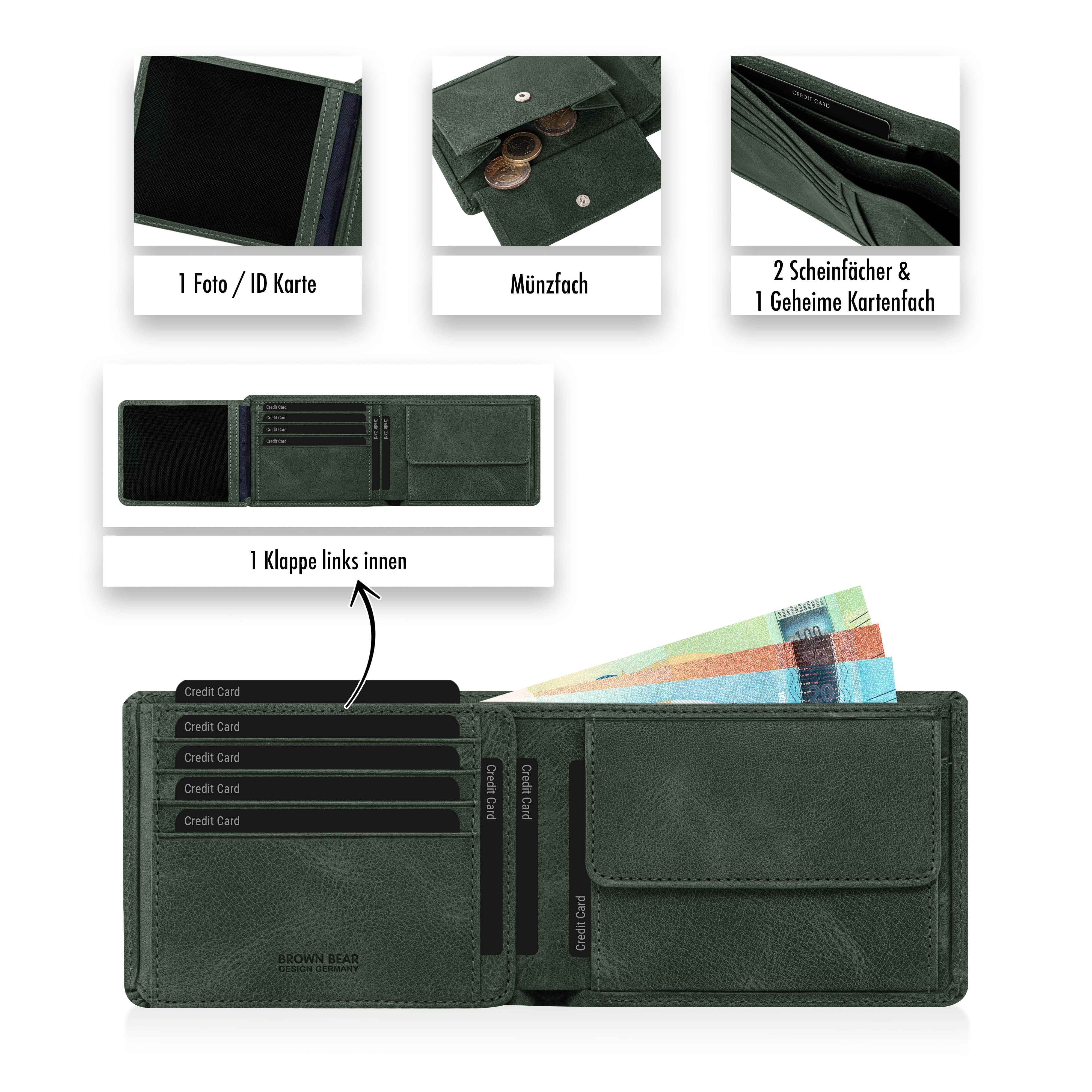 Brown Bear Geldbörse 8005 D für Herren aus Echtleder, mit 9 Kartenfächern und RFID-Schutz Farbe Olive Vintage