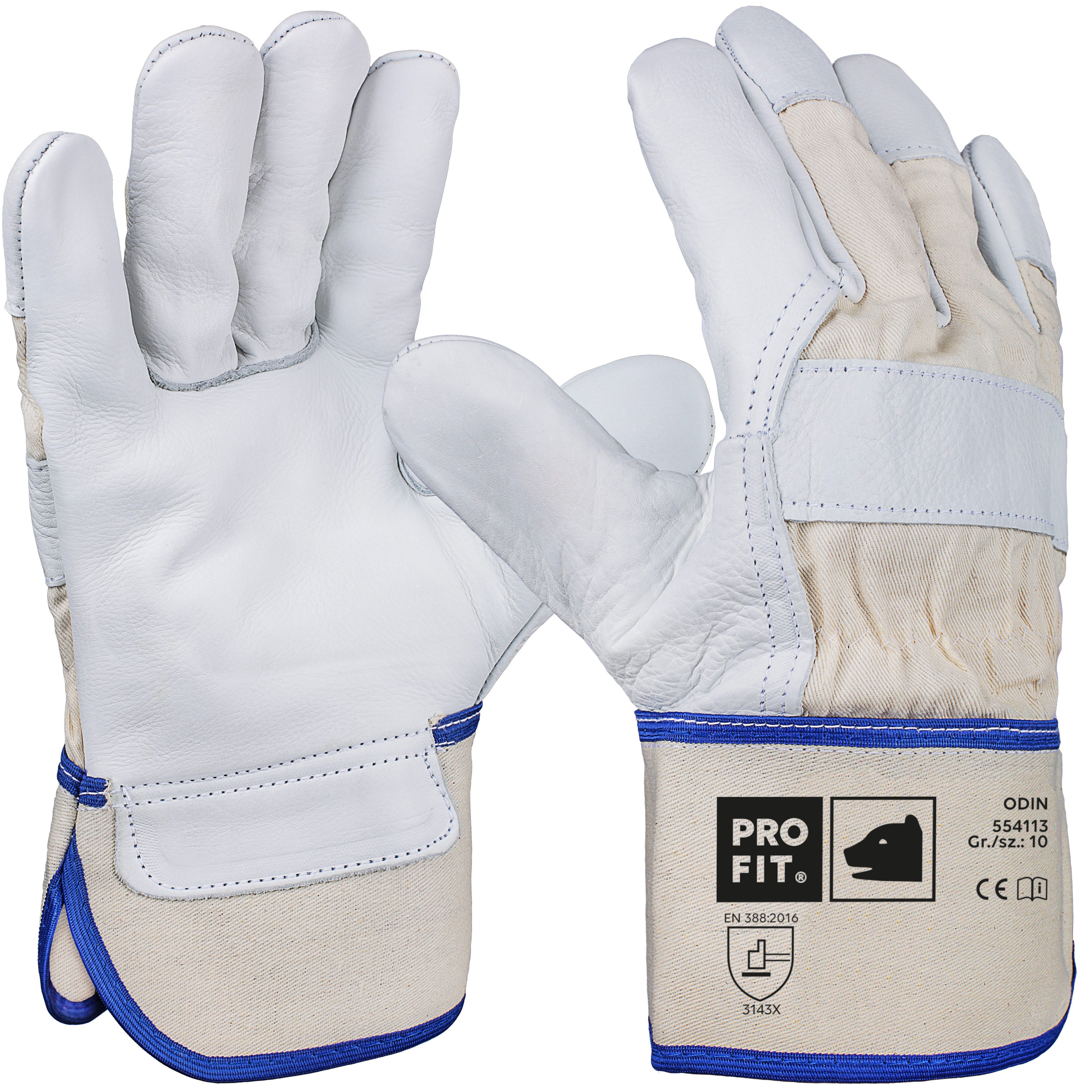 PRO FIT Leder-Arbeitshandschuhe ODIN, Rindvollleder Handschuhe, Schutzhandschuhe mit Canvas-Stulpe (12, Paar) Premium Qualität, weich und flexibel, Natur