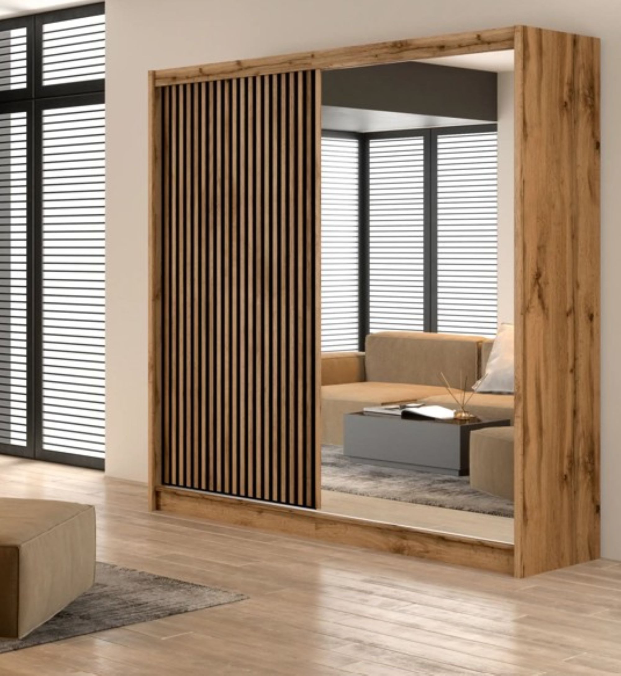 COMBO Schiebetürenschrank Kleiderschrank Schiebetüren 203x215x60cm Spiegel Wotan Schwarz Schwebetürenschrank 2 Türen Kleiderstange Regalfächer modern