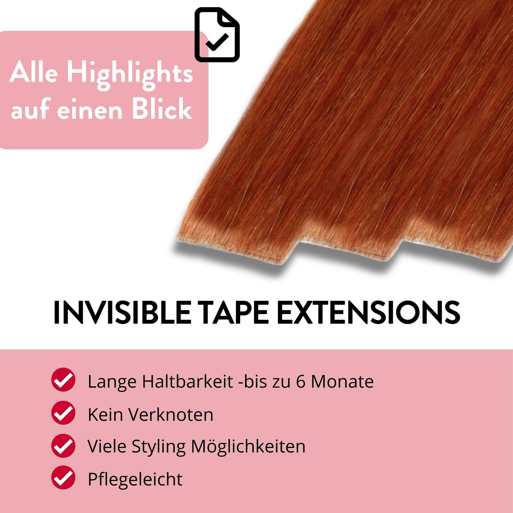 hair2heart Echthaar-Extension Invisible Tape Extensions - Premium #8/43 Hellblond Rot-Gold 40cm