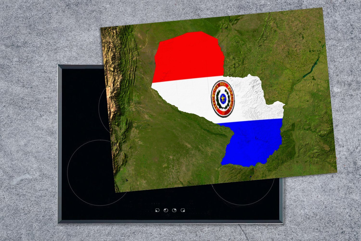 Arbeitsfläche 70x52 von nutzbar, des Satellitenbild (1 MuchoWow Paraguay darüber, cm, der Herdblende-/Abdeckplatte tlg), mit Ein Ceranfeldabdeckung Landes Flagge Vinyl, Mobile