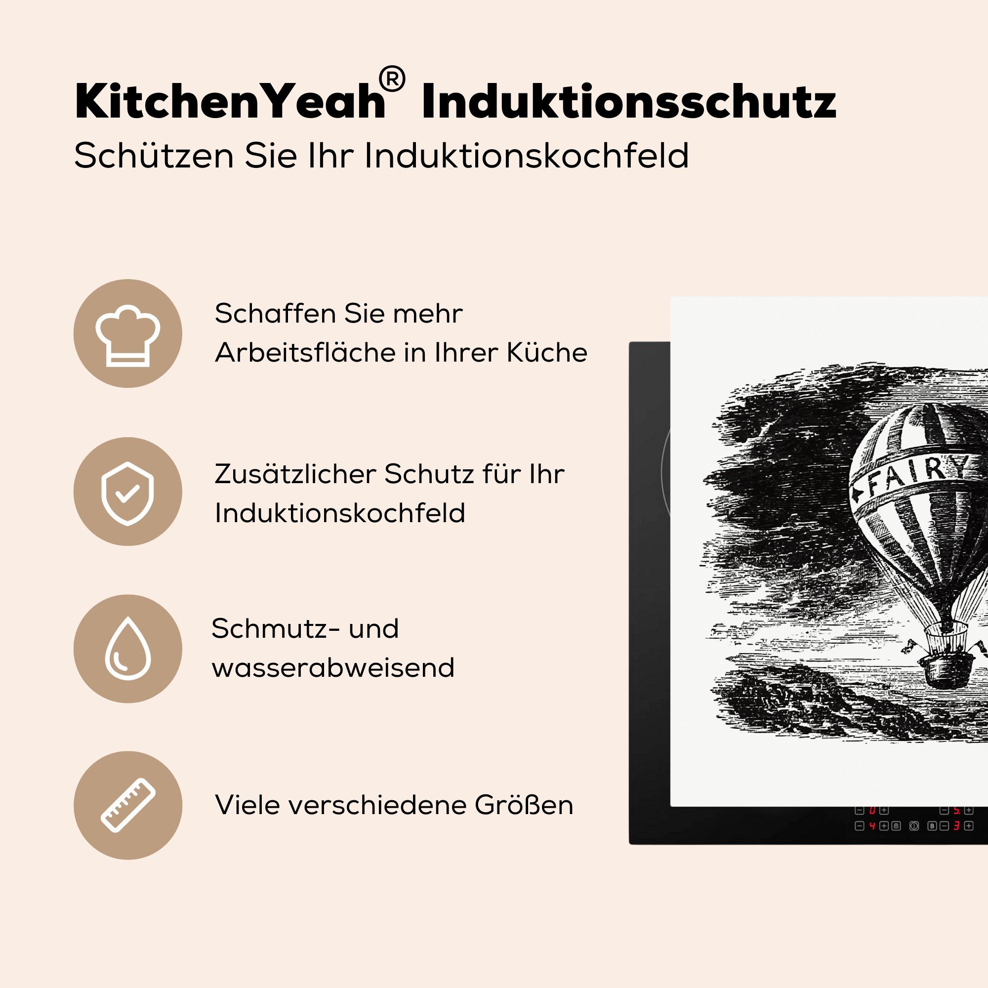 - 78x78 Vinyl, Reisen, - cm, Vintage Herdblende-/Abdeckplatte MuchoWow für Arbeitsplatte (1 Ceranfeldabdeckung, tlg), küche Heißluftballon