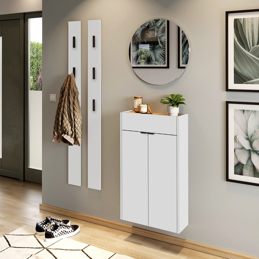 Lomadox Garderoben-Set ABERDEEN-01, (Spar-Set, 4-St., Garderobenspiegel Schuhschrank Garderobenpaneele), in weiß mit Eiche, wandhängend, ideal für schmale Flure