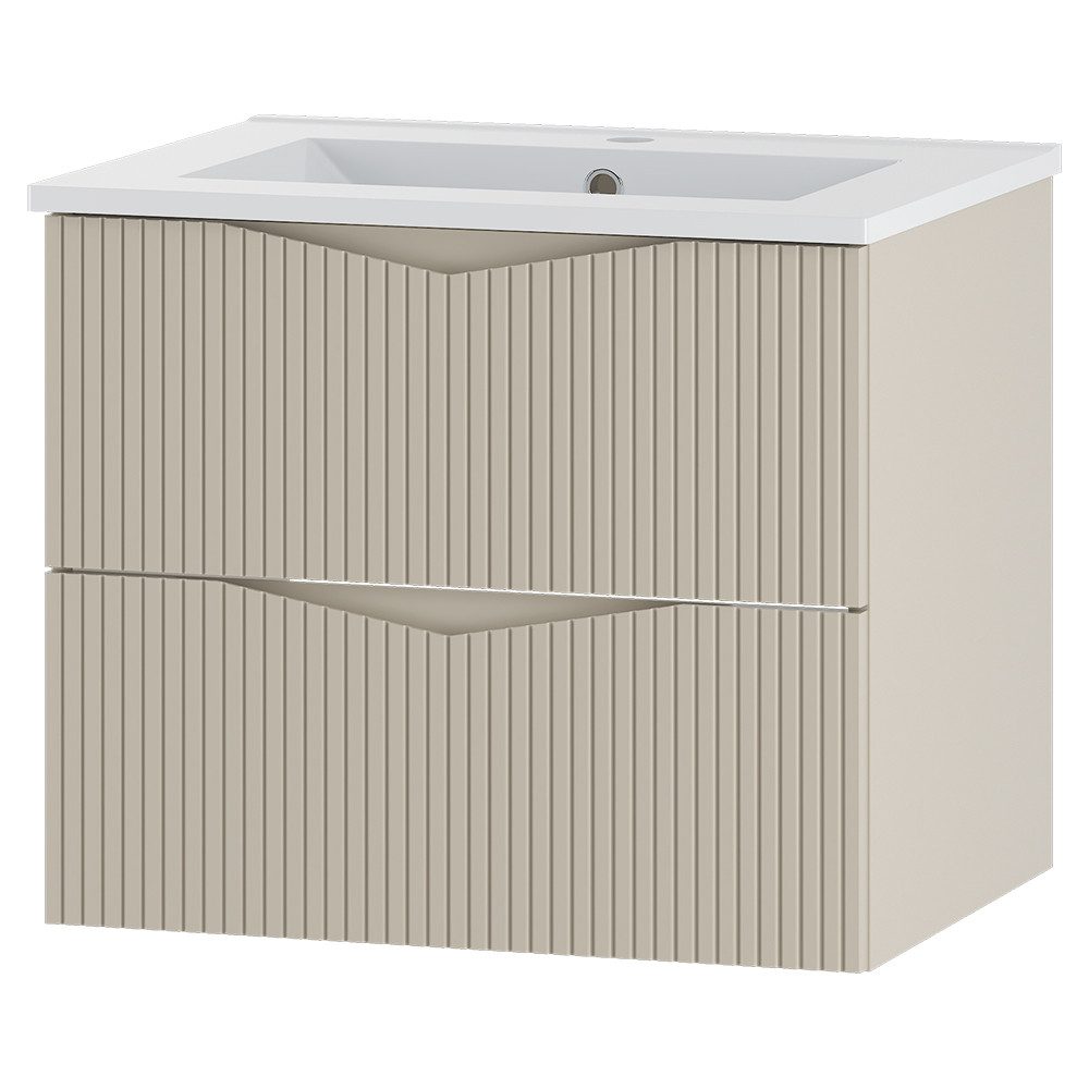 Lomadox Waschtisch CALURI-140, 60 cm breit in beige, gerillte Front, wandhängend