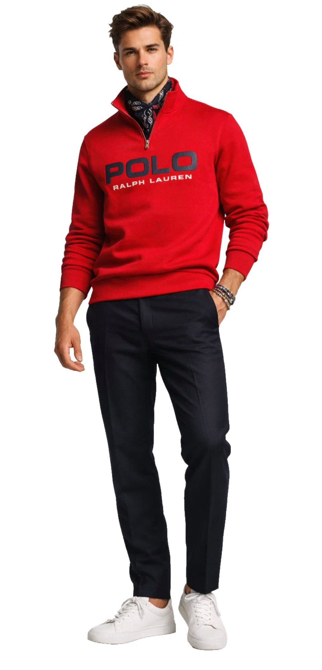 Polo Ralph Lauren Troyer Herren Archiv-Logo Double Knit Sweatshirt Retro Mock Pullover 90er Jahre Archiv-Logo Retro College Oldschool