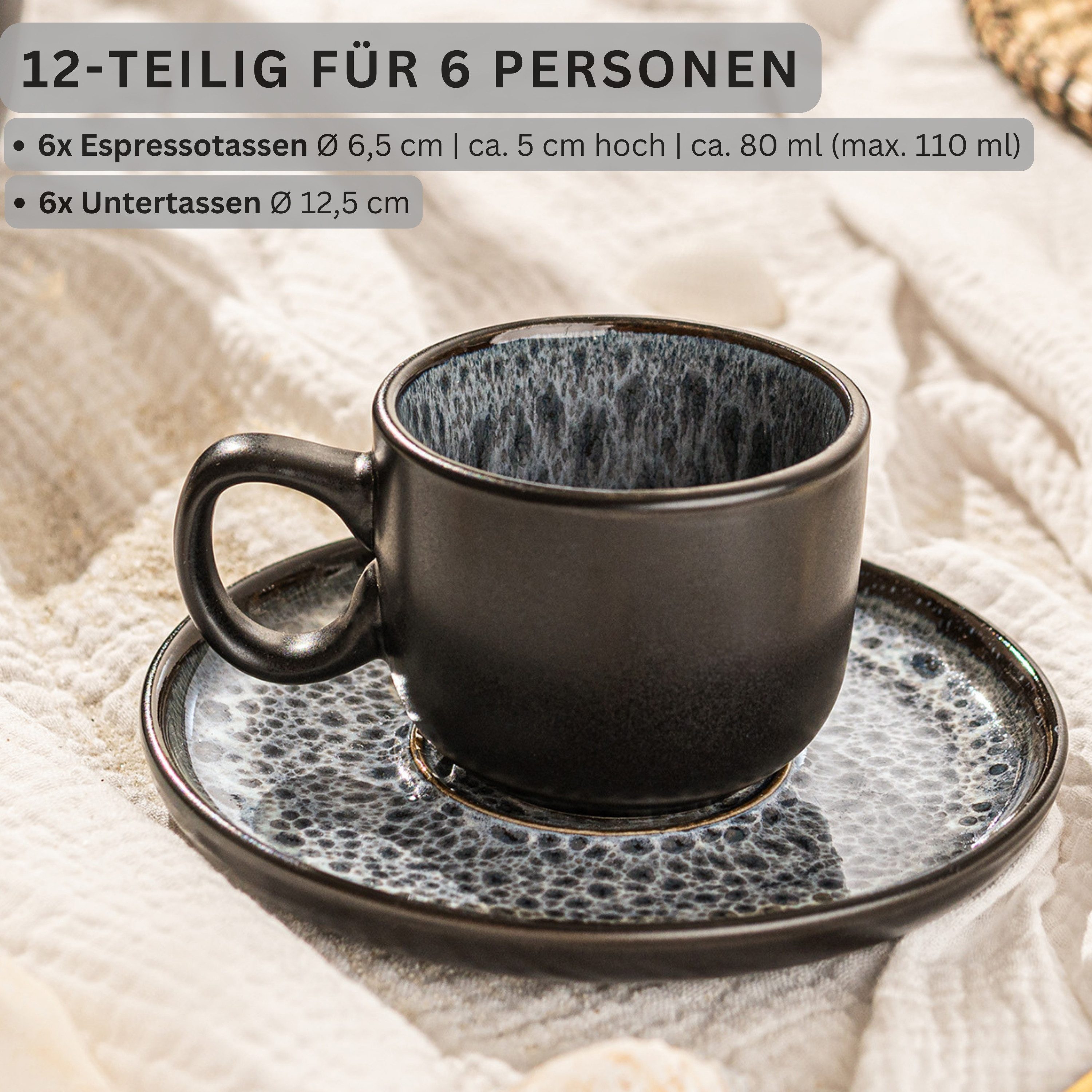 SÄNGER Espressotasse Set Sydney 12 tlg., 12-tlg., Steingut, Grau-Schwarz, Handmade, Erweiterbar, VALUE COLLECTION