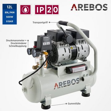 Arebos Kompressor Flüsterkompressor 500W Kompressor, Druckluft Kompressor 12l, Druckluft Kompressor 500 W