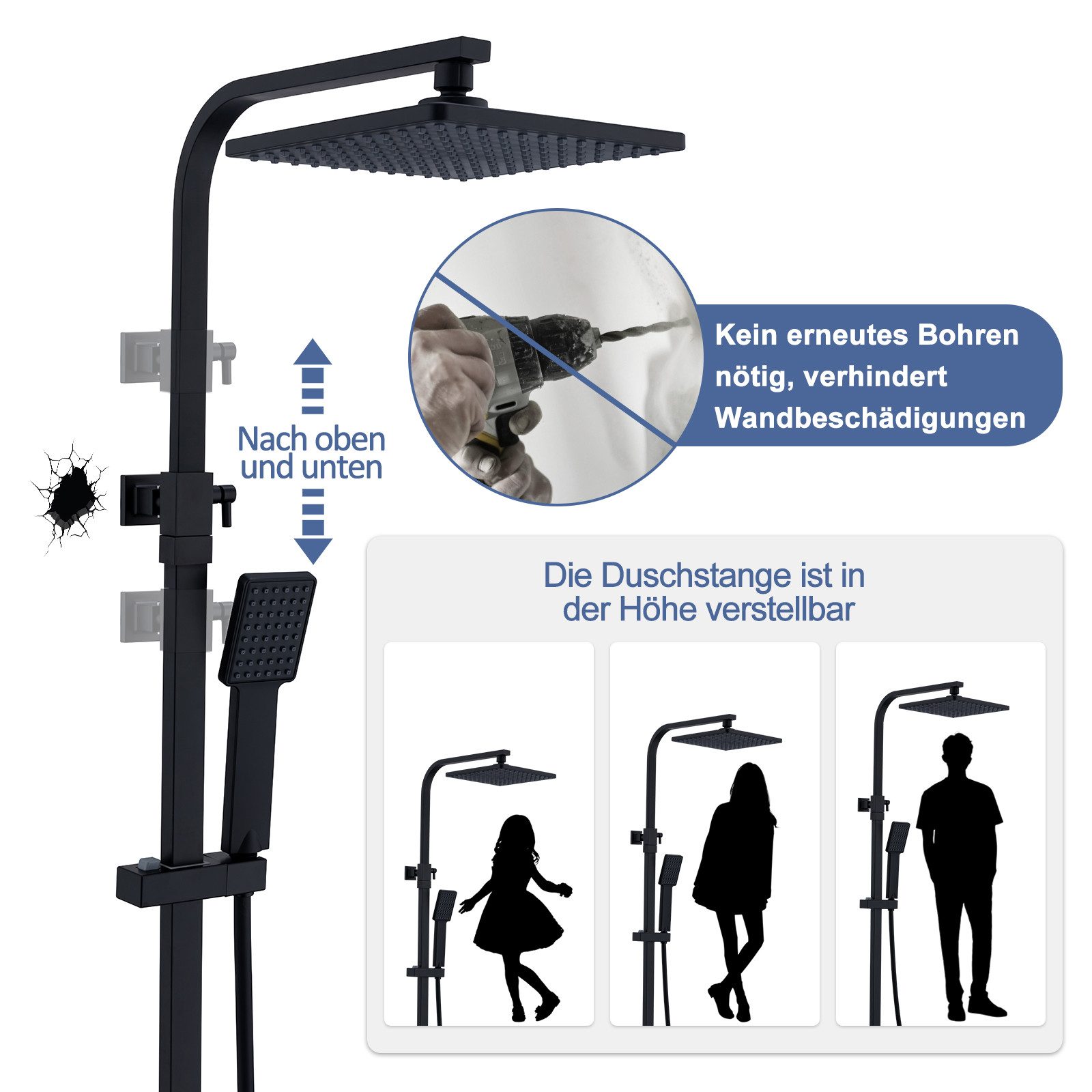 HOMELODY Duschsystem Duschset mit Thermostat 38℃ verstellbare Duschstange aus Edelstahl, 2 Strahlart(en), 1 tlg., Duschset mit Handbrause, Schwarz, Duschset mit – Bild 4 von 5